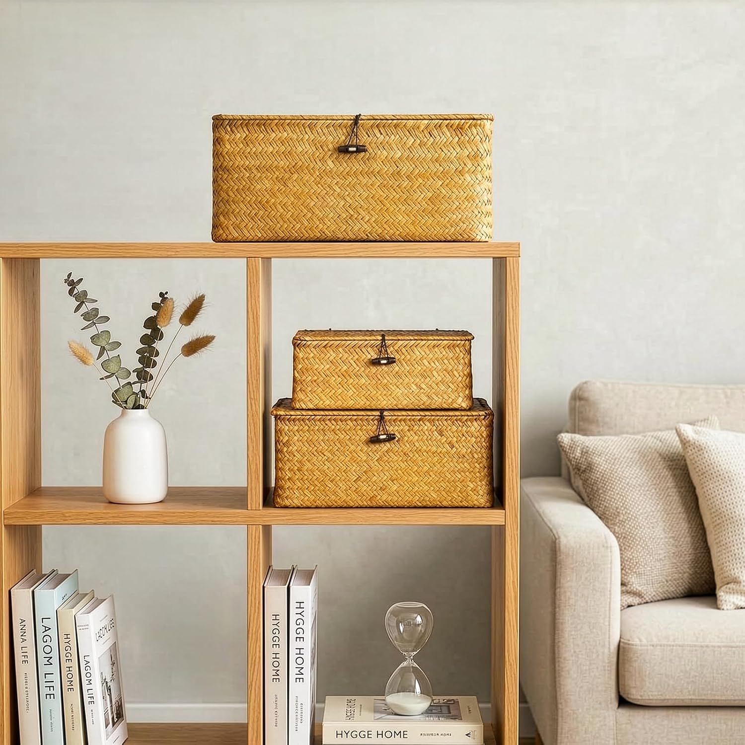 Compact Handwoven Seagrass Storage Bins Rectangular Wicker Basket / Set of 3