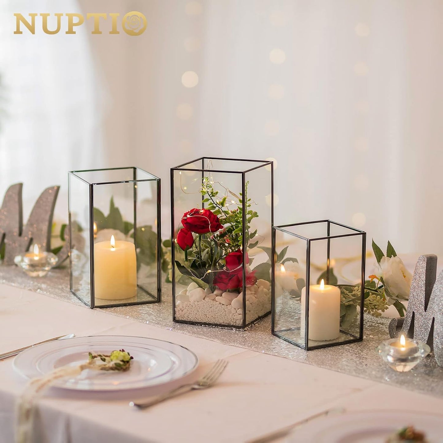 Nuptio Glass Hurricane Candle Holder for Pillar Candles 3 Pcs Black Metal Candle Holders Large Rectangular Candleholder
