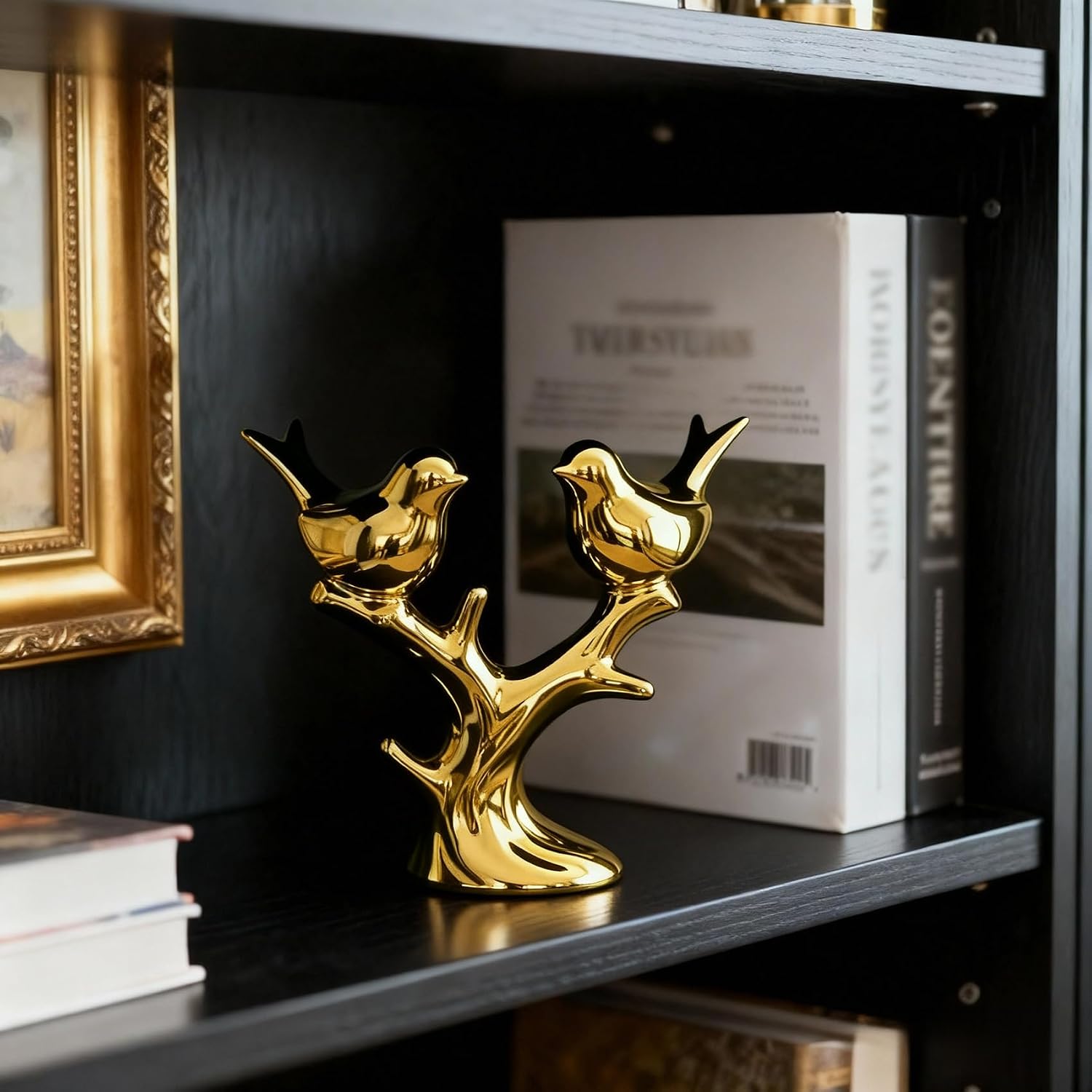 Gold Ceramic Bird Statue / Electroplated Gold