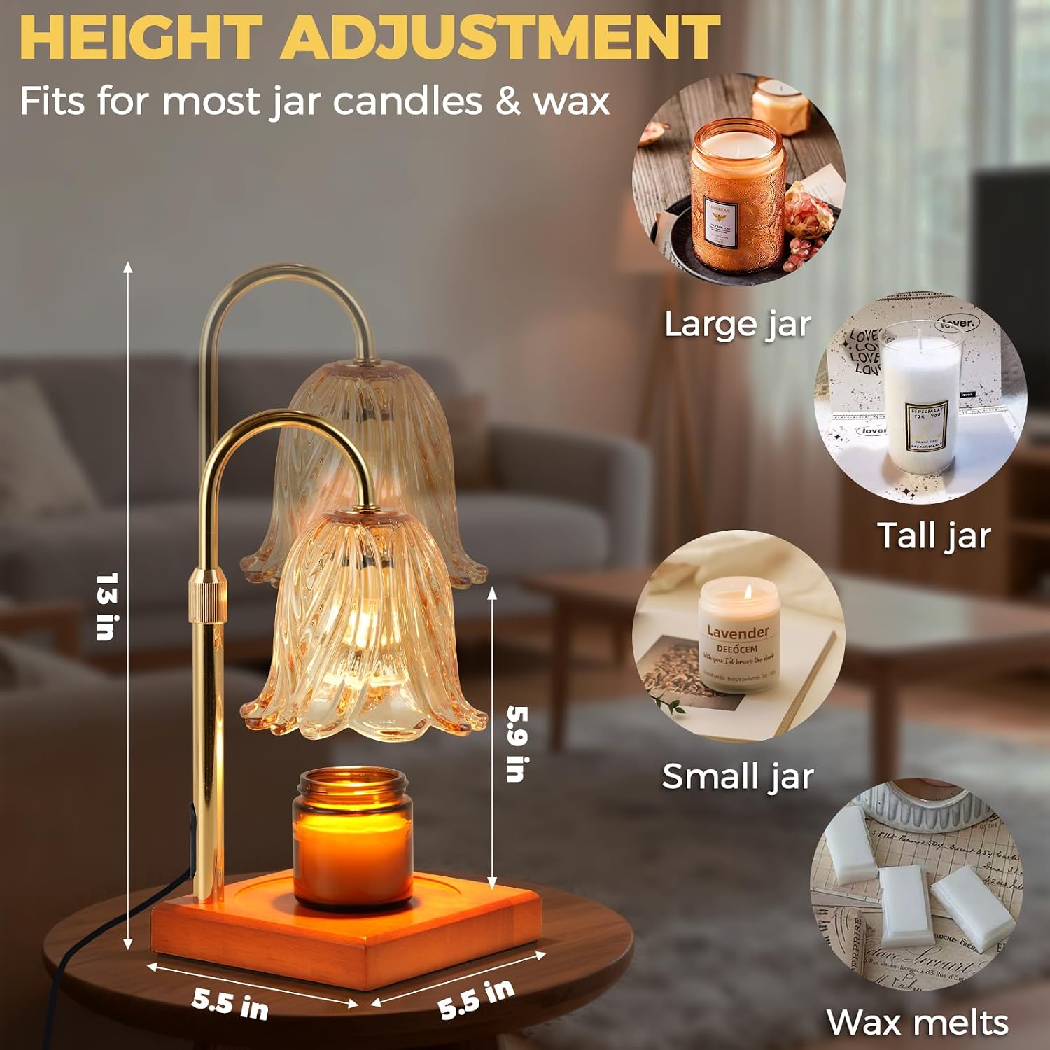 GODONLIF Flower Candle Warmer Lamp with Timer, Gold Electric Candle Lamp | Dimmable Vintage Wax Melt Warmer with 2