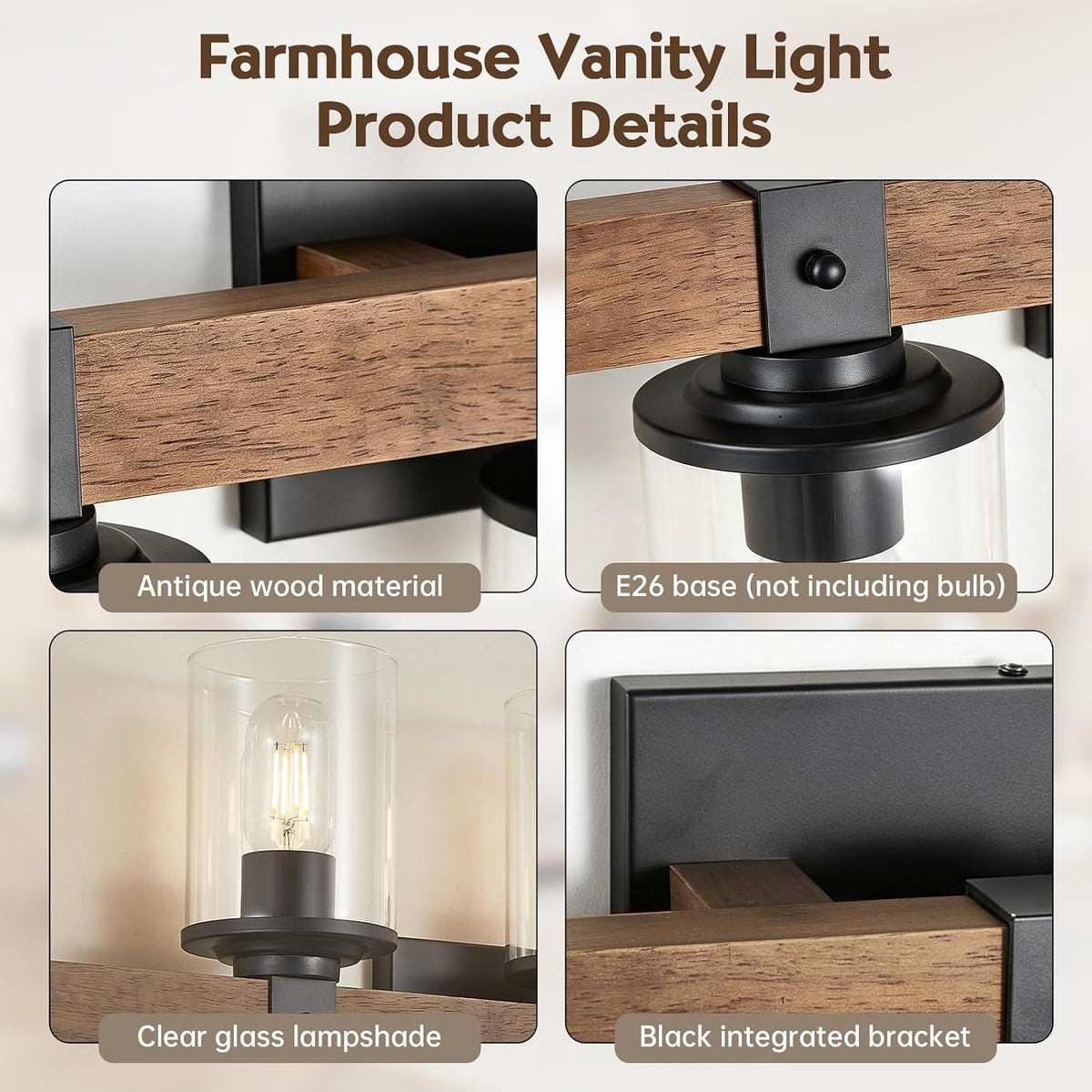 8-Light Farmhouse Vanity Light Fixture, Bathroom Wood Wall Light Over Mirror with Clear Glass Shade, Rustic Vintage