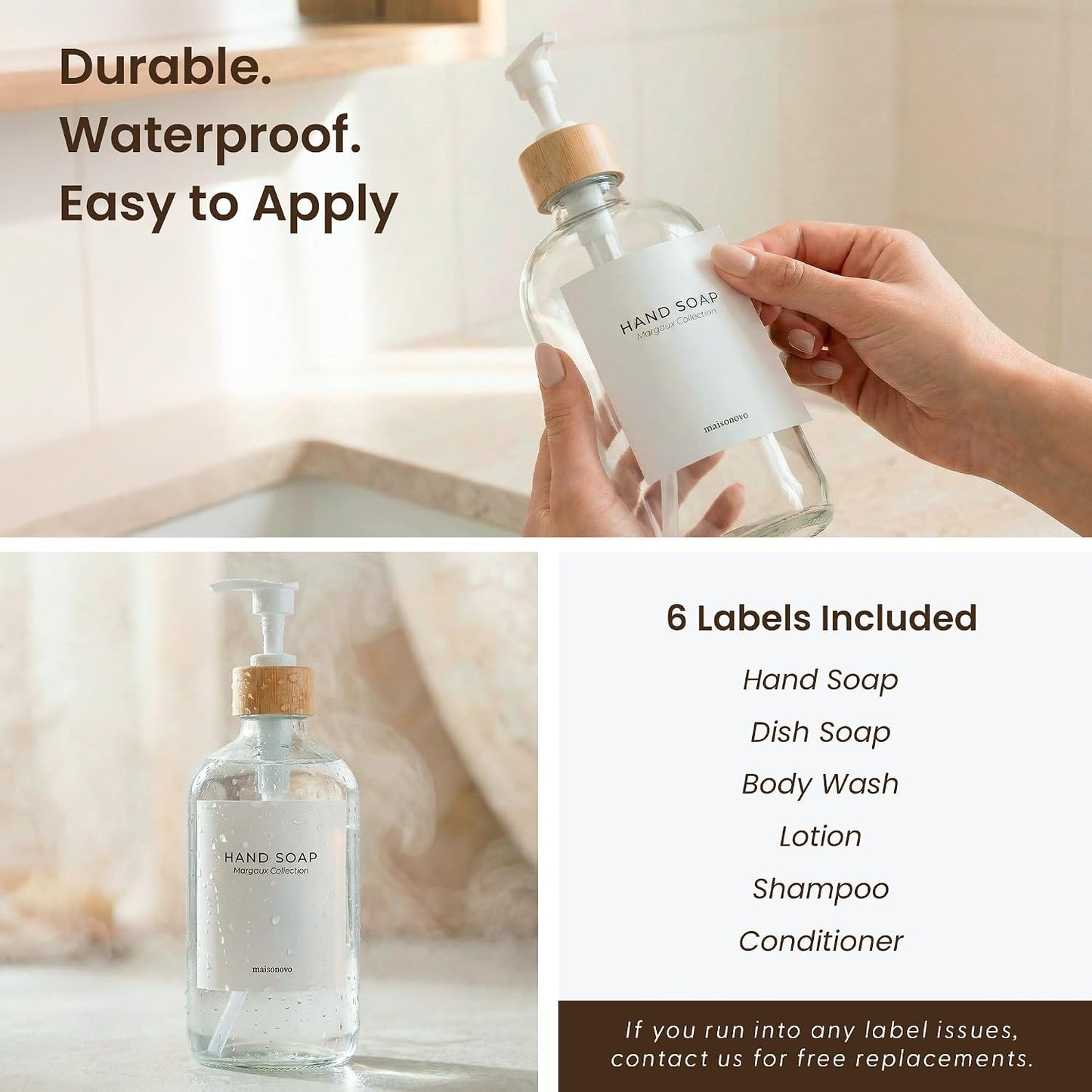 Maisonovo Dish Soap Dispenser Set - Clear Soap Dispenser White Bamboo Pumps | Glass bottles for body wash, lotion