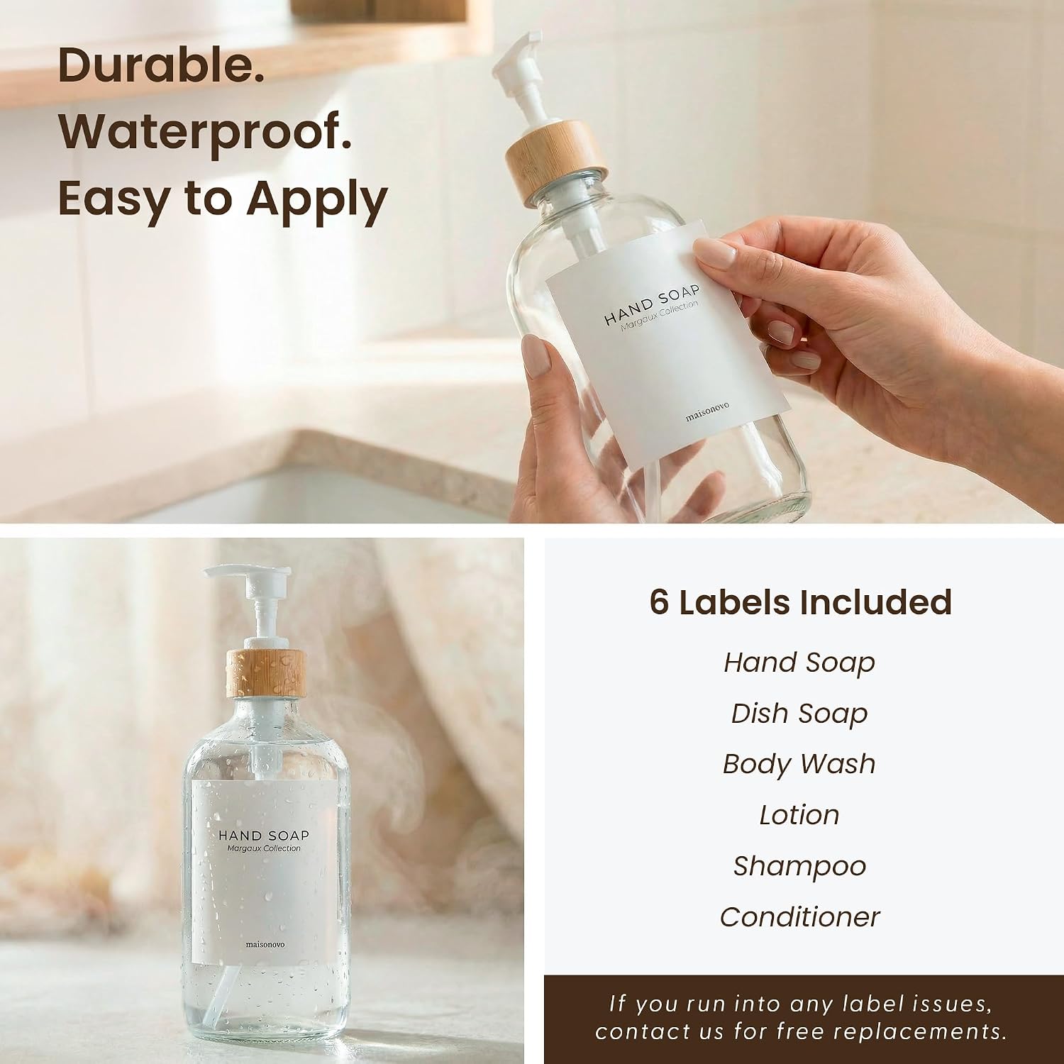 Maisonovo Dish Soap Dispenser Set - Clear Soap Dispenser White Bamboo Pumps | Glass bottles for body wash, lotion
