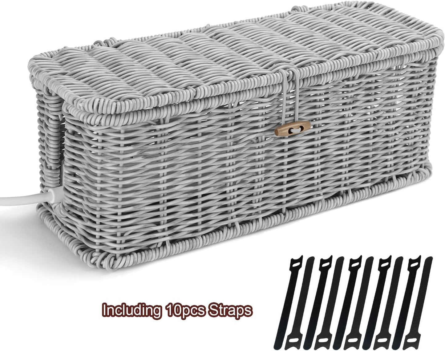 Desk Handwoven Rattan Cord Hider Cable Organizer Box / Grey