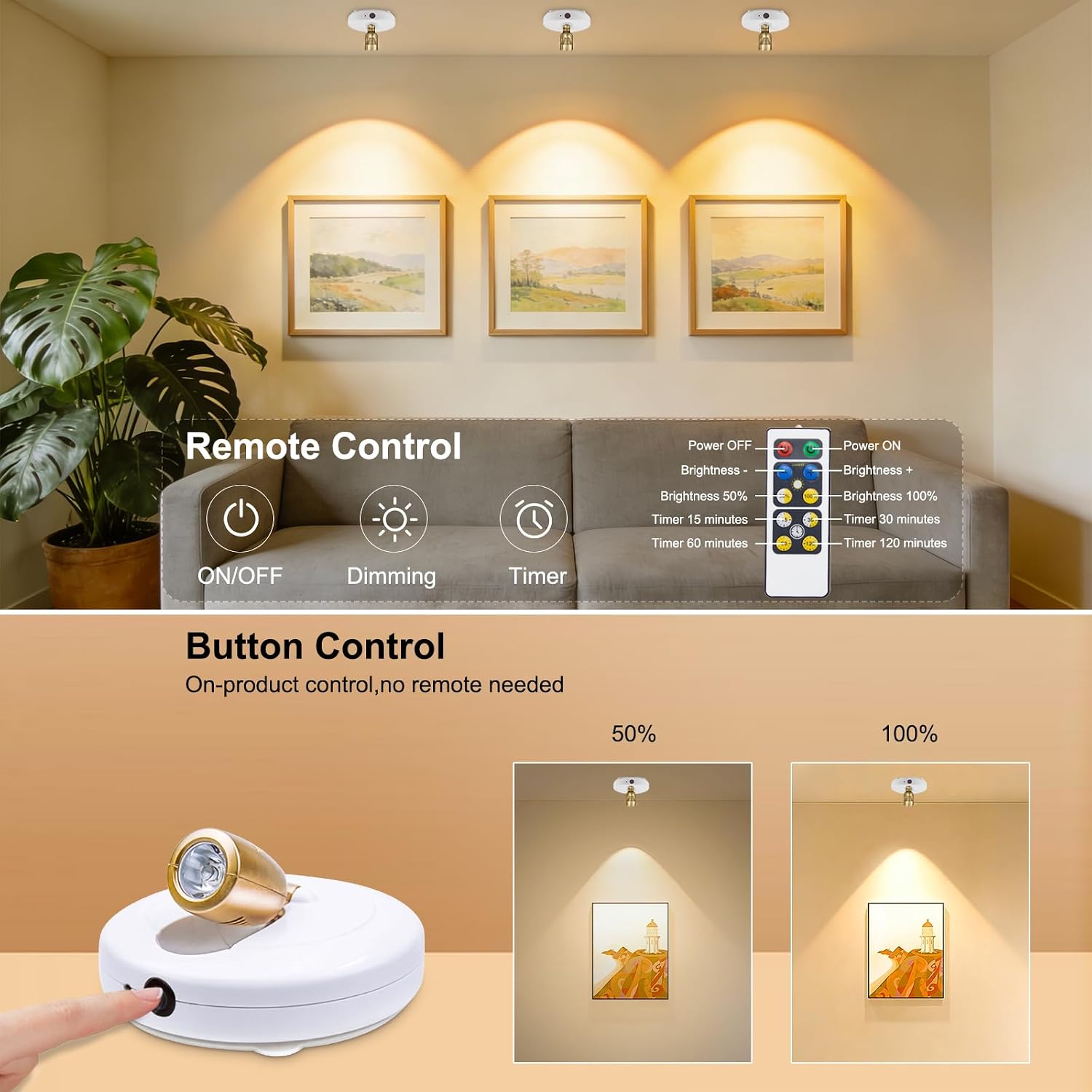 HONWELL LED Spotlight Wireless Accent Lights 2 Pack Battery Powered Warm White Puck Lights with Remote,Under-Cabinet