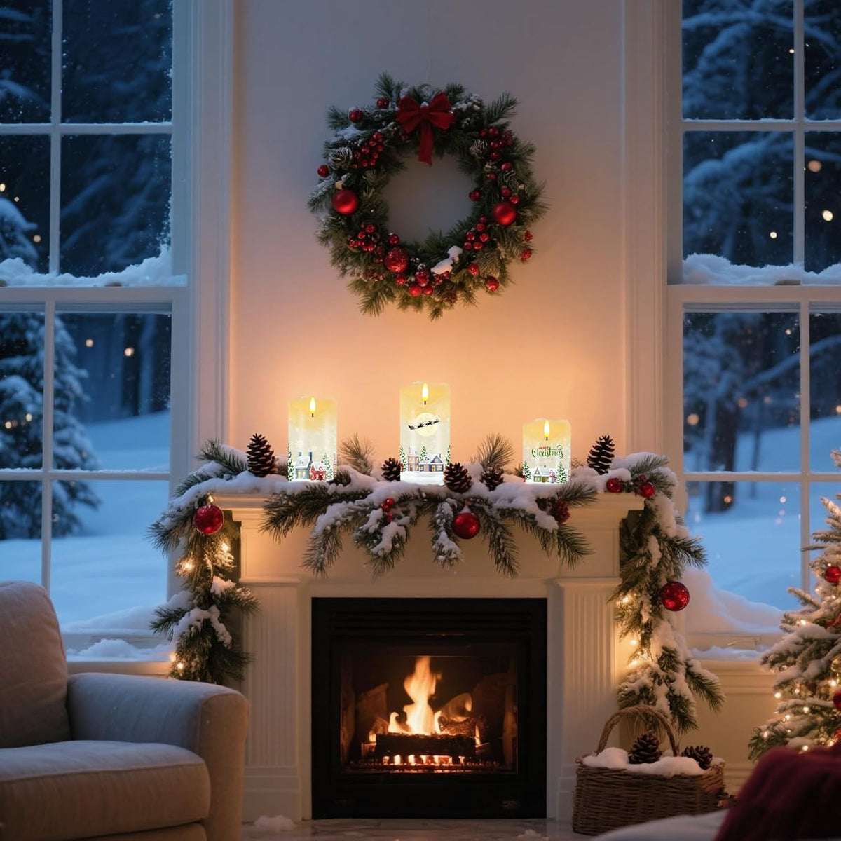 3PC Christmas Flameless Candles, Winter Cabin Candles with Remote & Timer | Flickering Real Wax Pillar Candles Battery