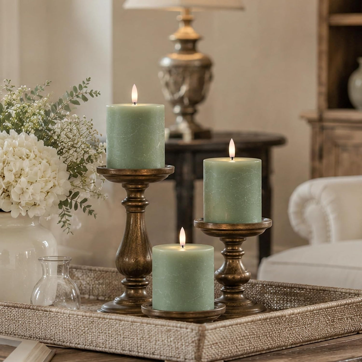 Olive Green Flameless Pillar Candles, 3 x 3 Inch, 3 Pack with Remote | Battery operated candles with remote and timer