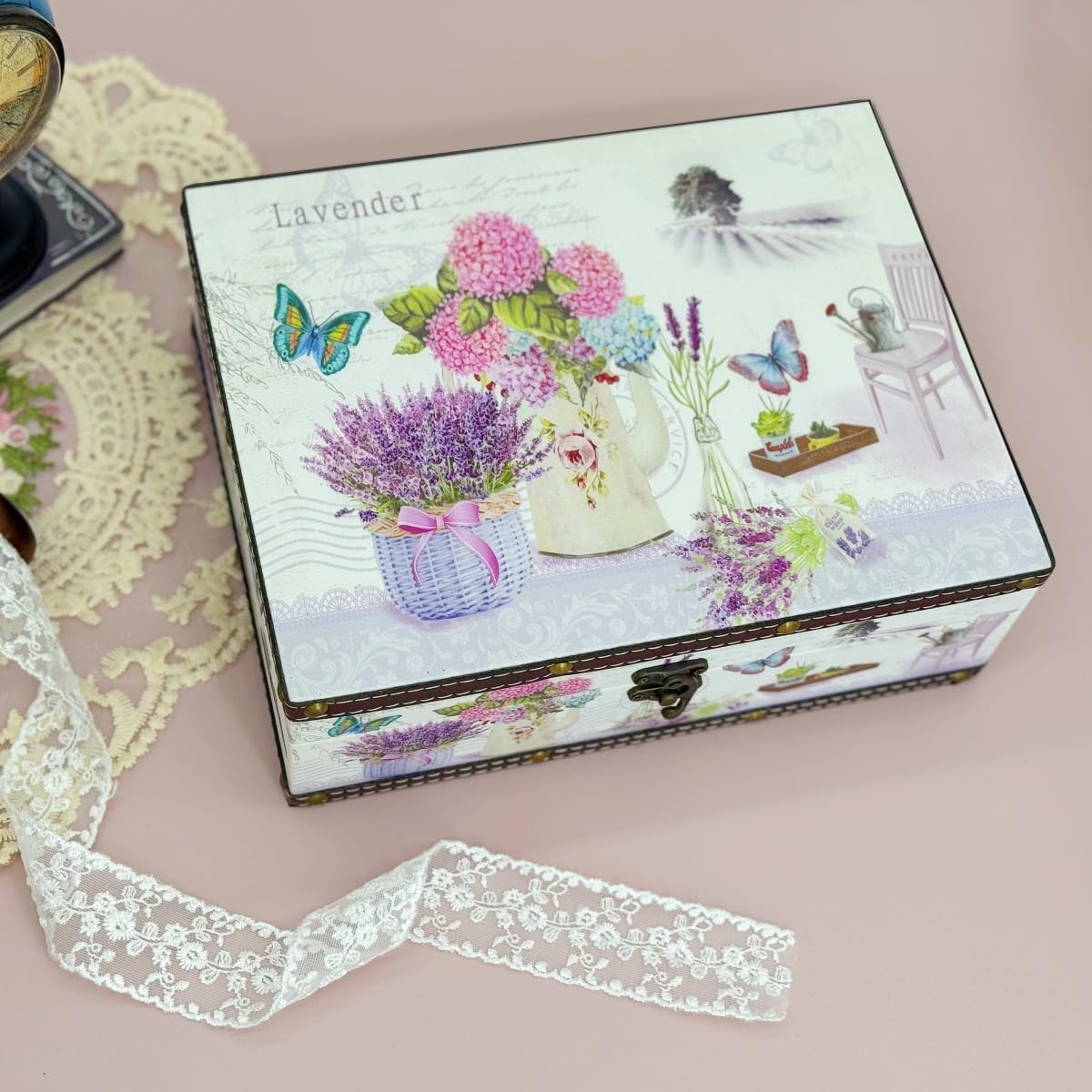 Vintage Wooden Storage Box / Lavender, Medium