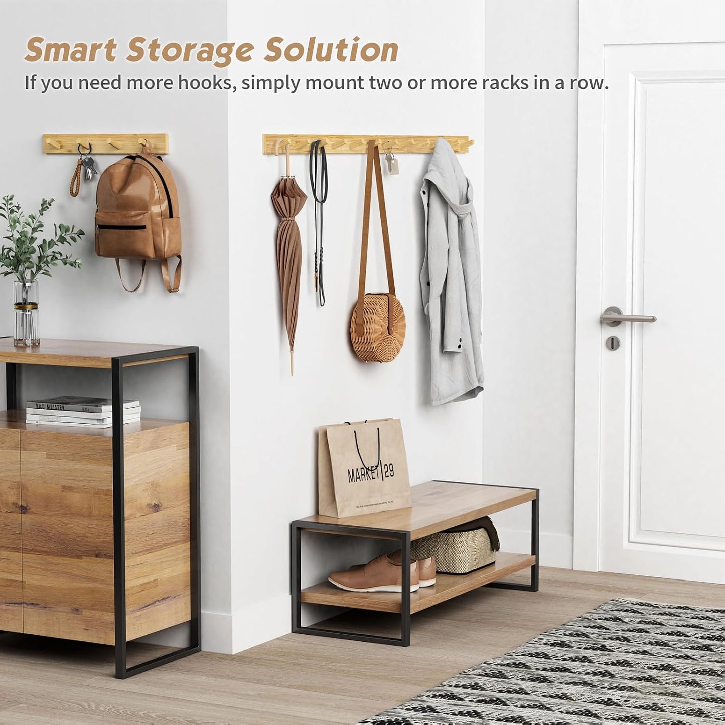 Forbena Natural Wood Coat Rack Wall Mount Set of 4, Wooden Wall Hooks for Bathroom Towels, Vertical Coat Hanger for