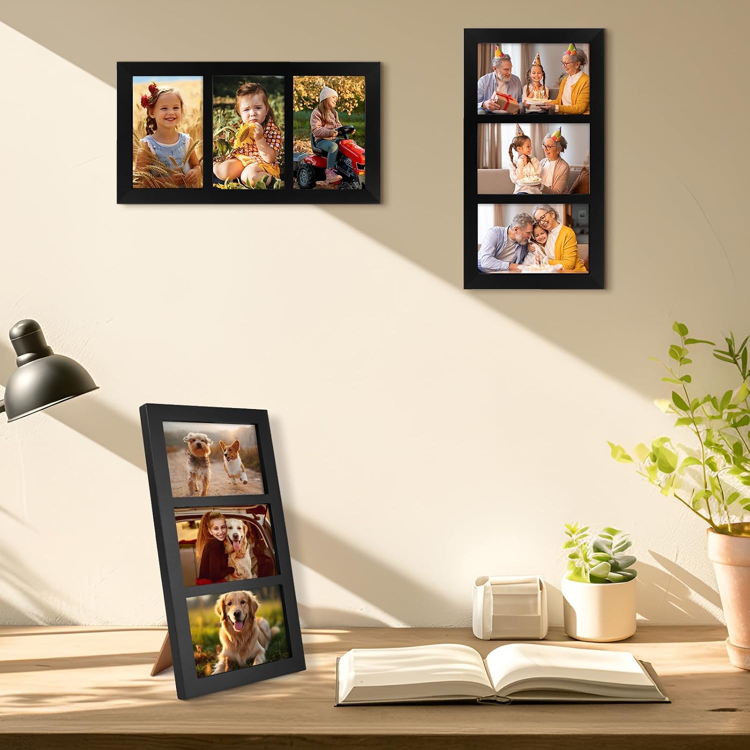 Picture Frame / Real Glass for Tabletop Or Wall Mounting / 4 x 6 / 3 Openings / Black