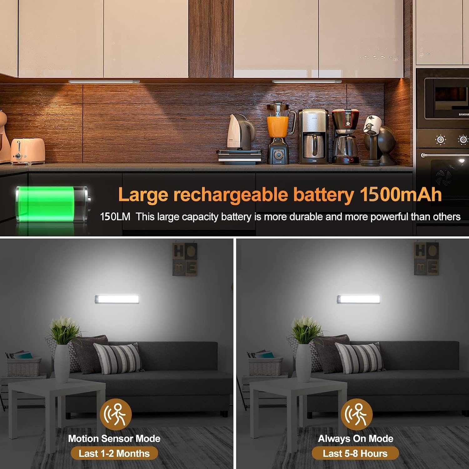 2 Pack Under Cabinet Lighting with Motion Sensor - 30 LED 10 Inch, Wireless USB-C Rechargeable Magnetic for Kitchen