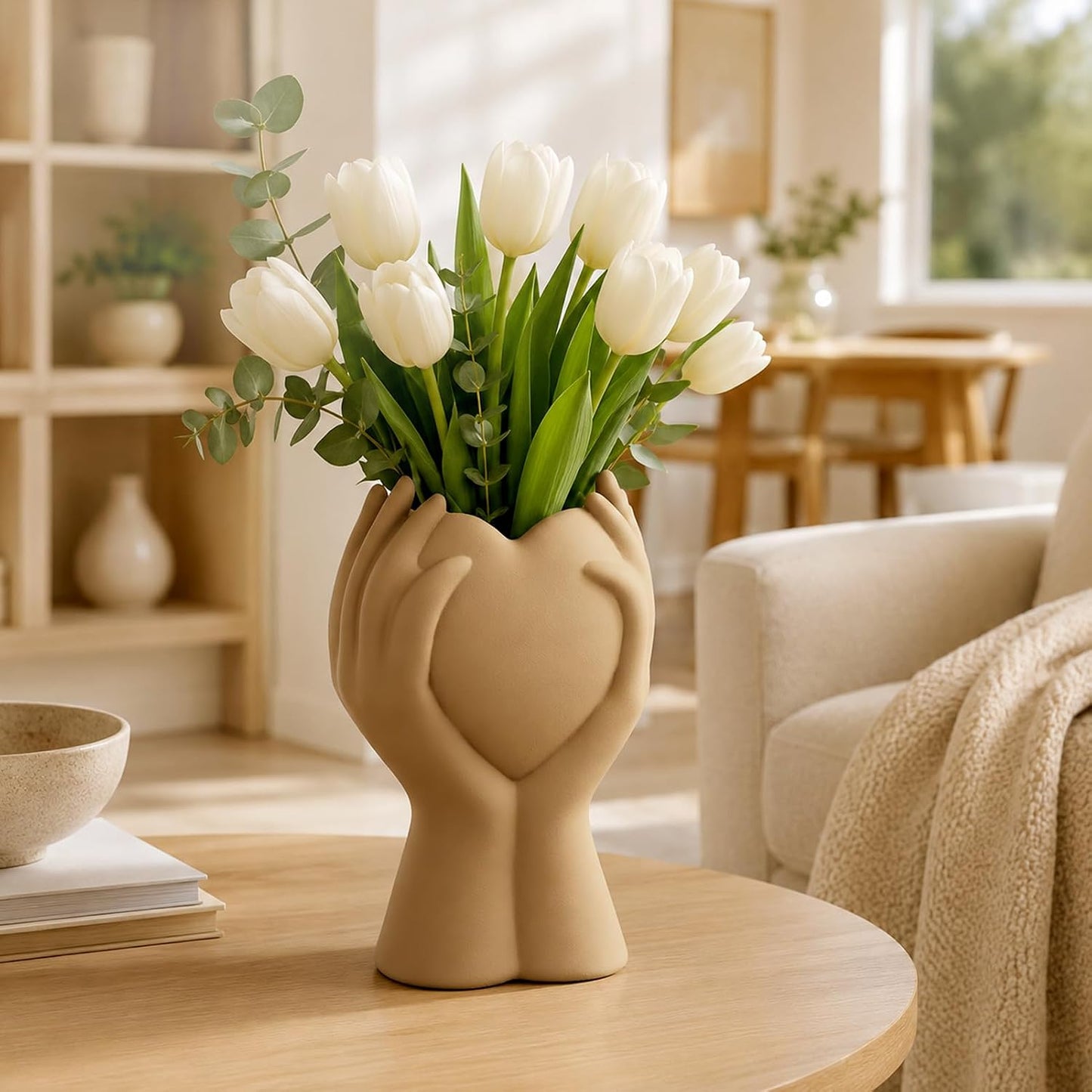 Heart Hand Ceramic Vase / Brown / 8 Inch