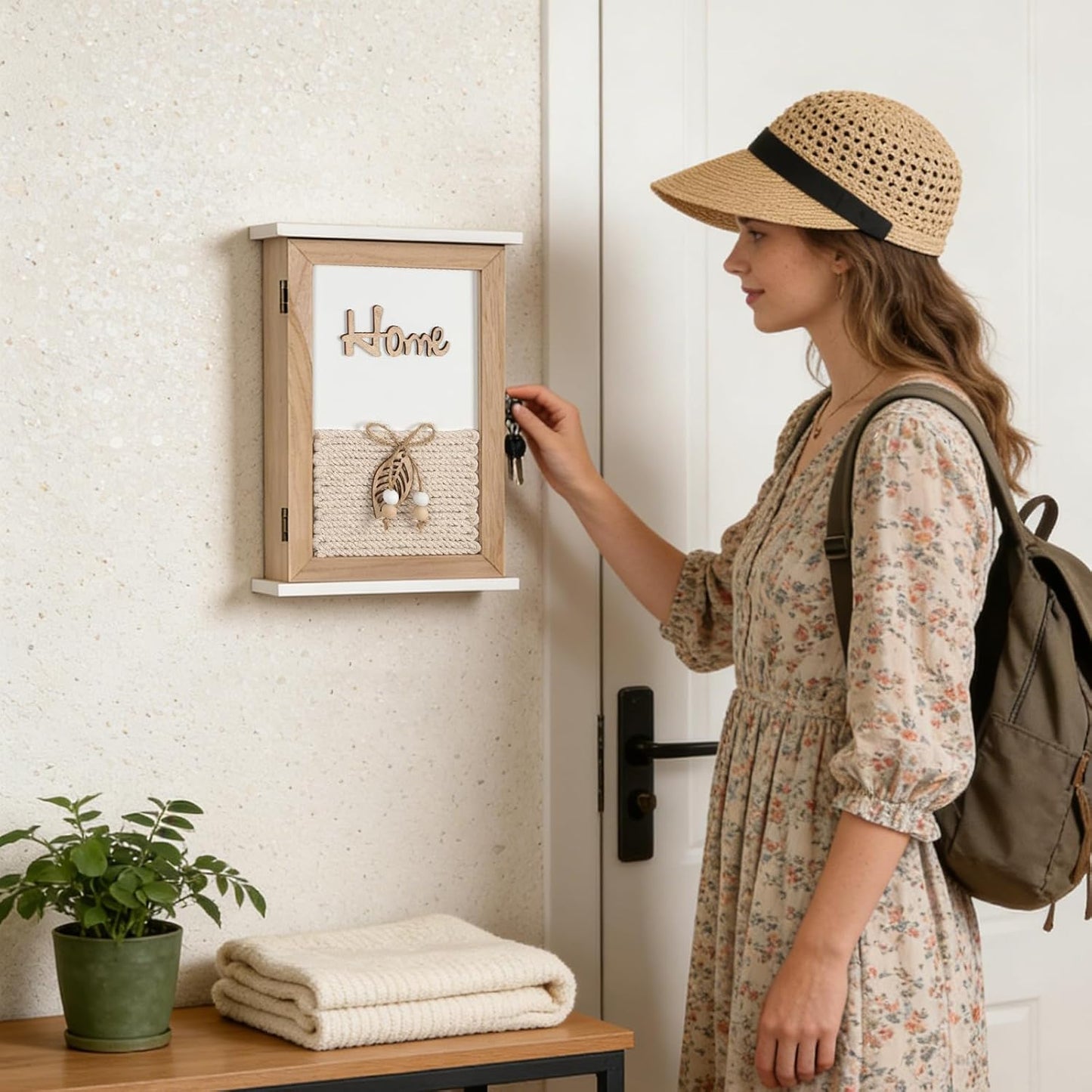 Rustic Wooden Key Holder Wall Mount Key Box / Natural Wood with Jute Rope