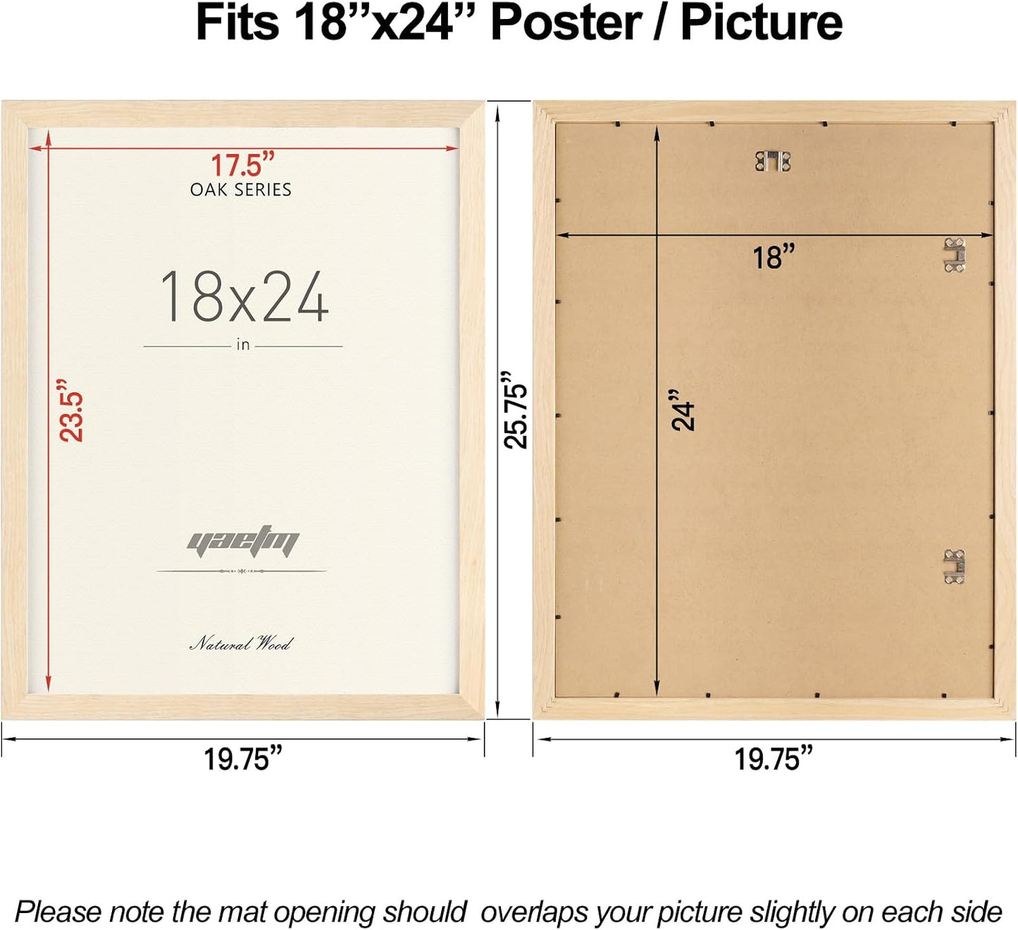 Yaetm 18x24 Wood Frame Set of 3, Natural Solid Oak Wood Frame for 18x24 Poster & Picture, Wide Molding, Wall Mount (3