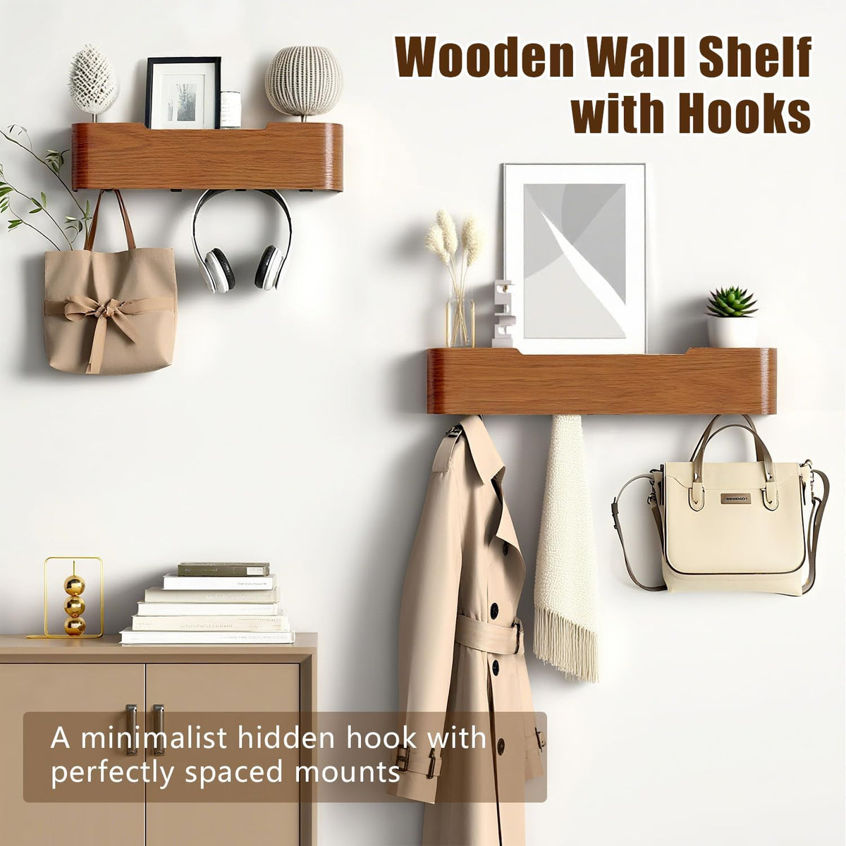 Coat Rack Wall Mount with Hidden Hooks, Wall Hooks with Shelf, Wall Key Holder Mount Wooden Shelf Entryway Hooks for