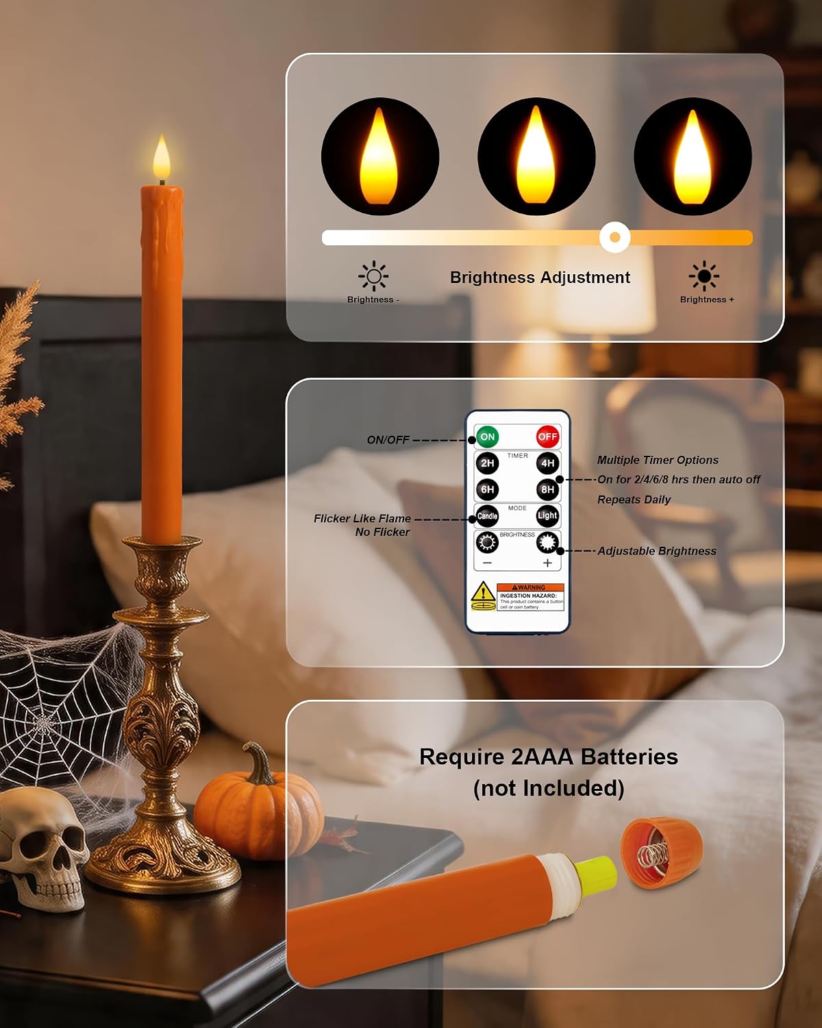 Homemory Orange Flameless Taper Candles with Remote Timer, 9.6 Inch Real Wax Battery Operated Candlesticks, Flickering