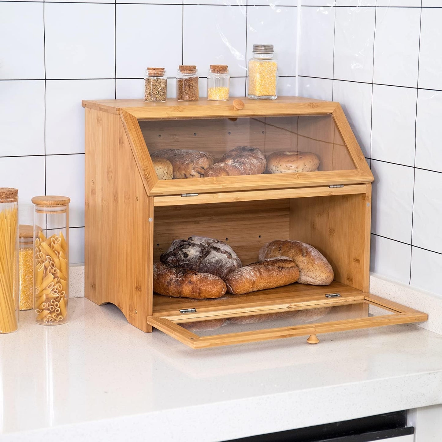 HOMEKOKO Double Layer Bread Box for Kitchen Countertop, Natural Bamboo | Keeps Bread Fresh 3-4 Days, Large Capacity