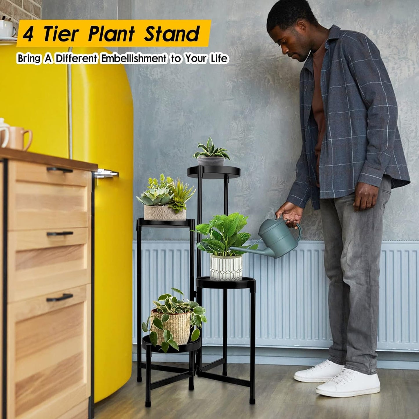 4 Tier Plant Stand Indoor Outdoor, 31 Inch Tall Metal Plant Shelf Waterproof, Plant Holder with Folding Design For