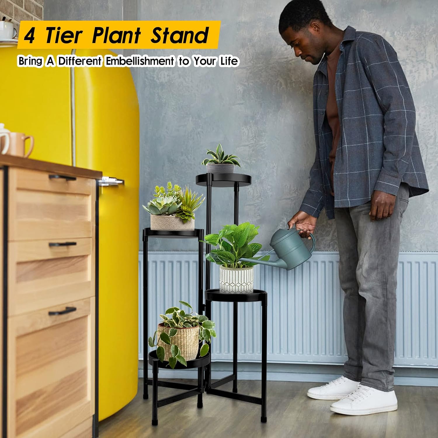 4 Tier Plant Stand Indoor Outdoor, 31 Inch Tall Metal Plant Shelf Waterproof, Plant Holder with Folding Design For