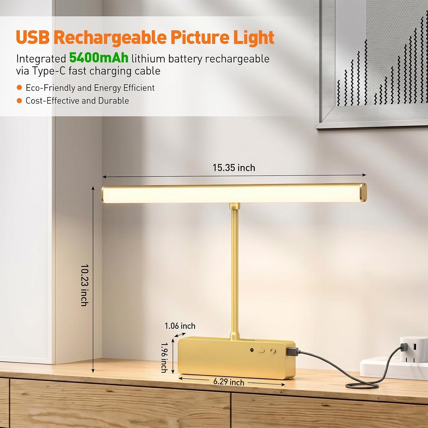 Picture Light, 15.35inch Wireless Picture Lights for Wall Rechargeable, 5400mAh Battery Wall Light with Remote, 3 Color
