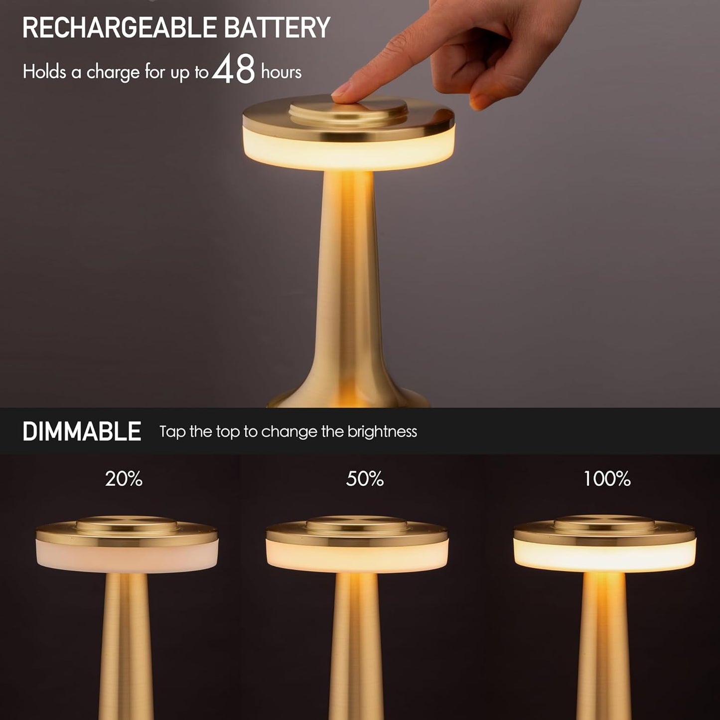 O’Bright Portable LED Table Lamp with Touch Sensor, 3-Levels Brightness, Rechargeable Battery Up to 48 Hours Usage