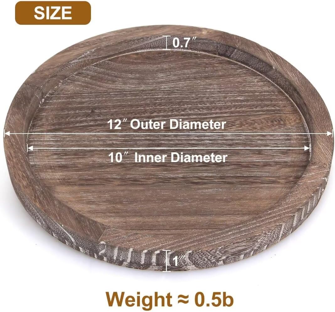 Round Decorative Wooden Serving Trays for Ottoman Coffee Table Tray / Washedwhite / Set of 12