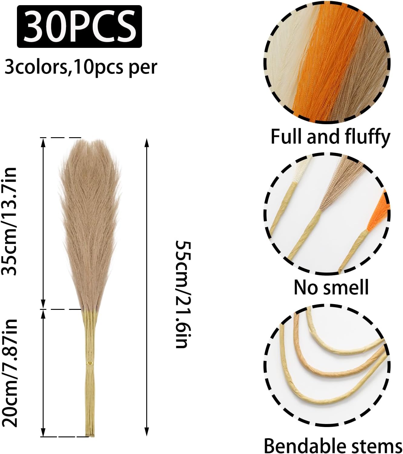 Faux Pampas Grass Fluffy Artificial Orange Pompas Grass / Orange Series / 21.6 Inch / Set of 30