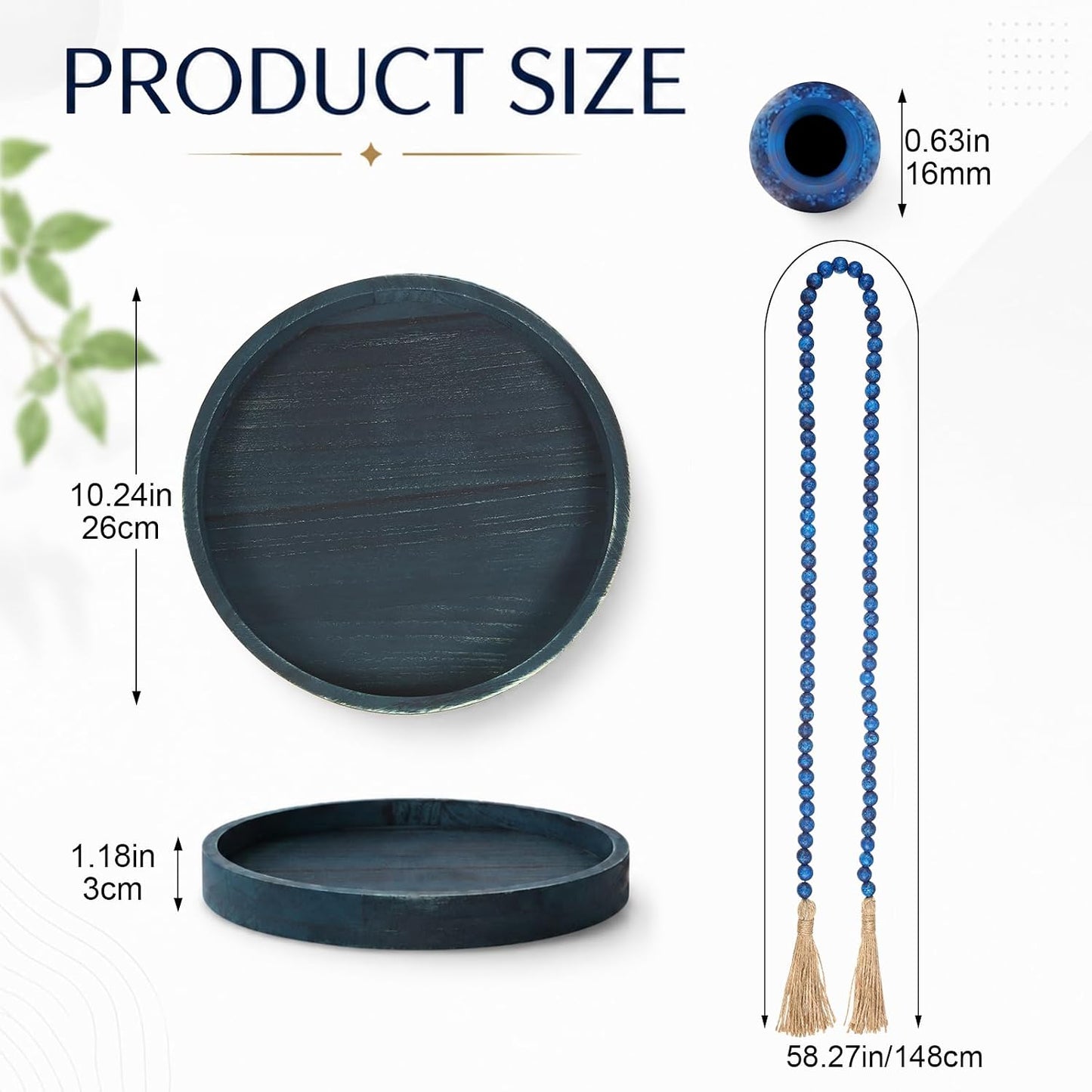 Wooden Serving Tray Wood Bead Garland / Country Blue / Set of 5