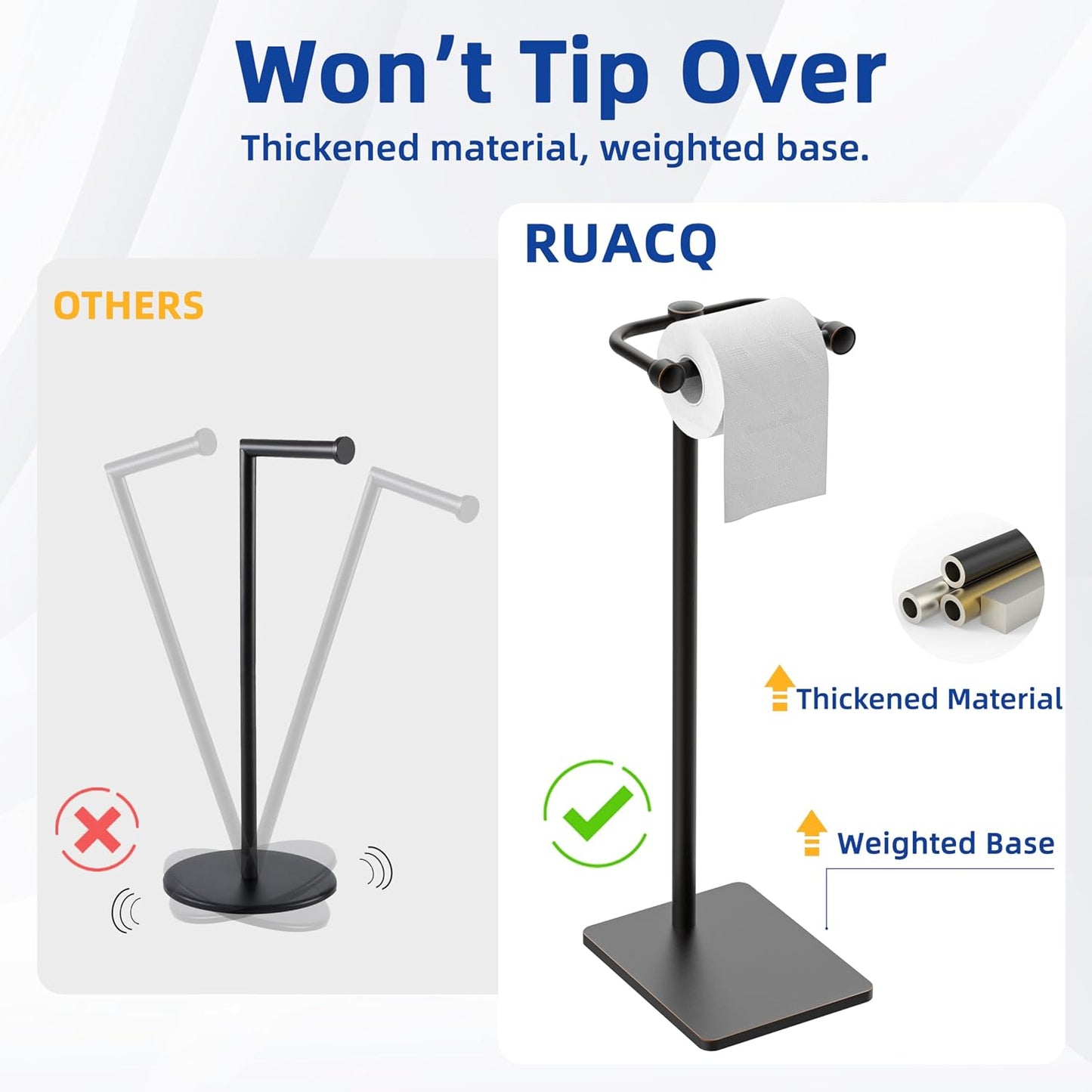RUACQ Bathroom Toilet Paper Holder Stand, Oil Rubbed Bronze | Dual-Post Pivoting Free Standing Toilet Roll Holder with