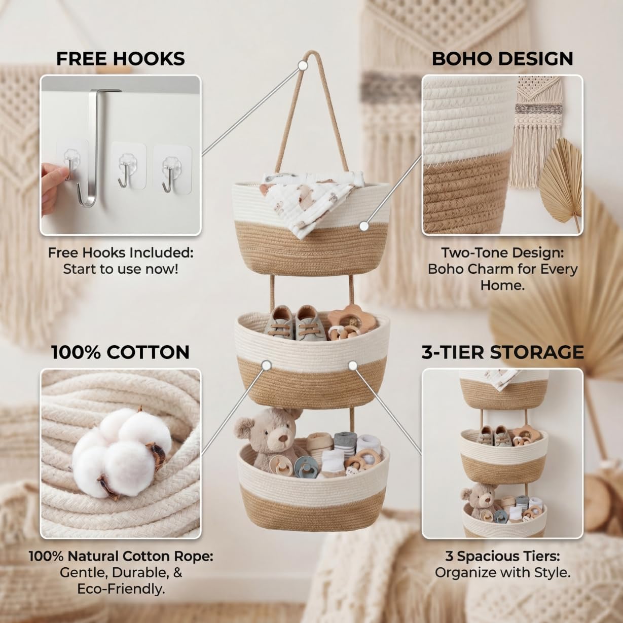 Hooks / Hanging Wall Basket / White&jute