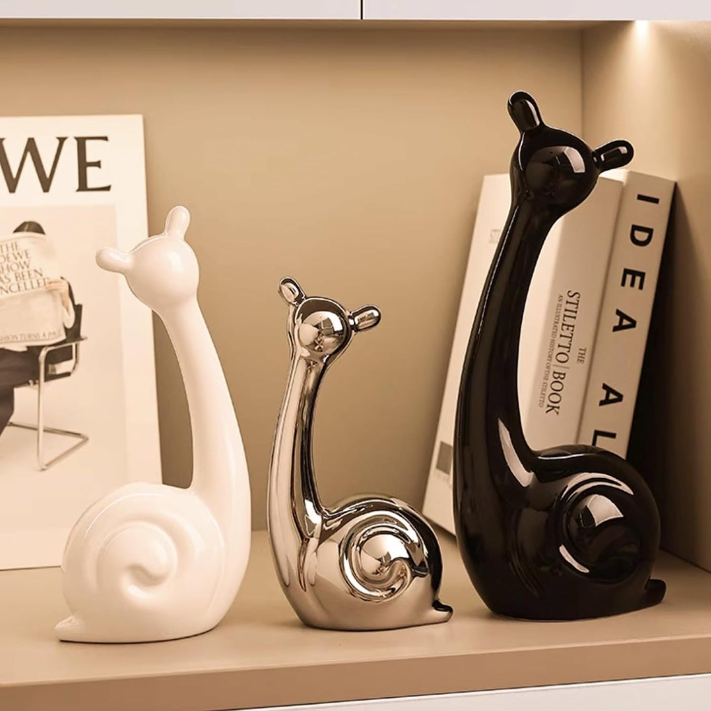 Modern Ceramic Statue Snail Home Decorations / Black, White and Bright Silver / 12 x 7 x 25