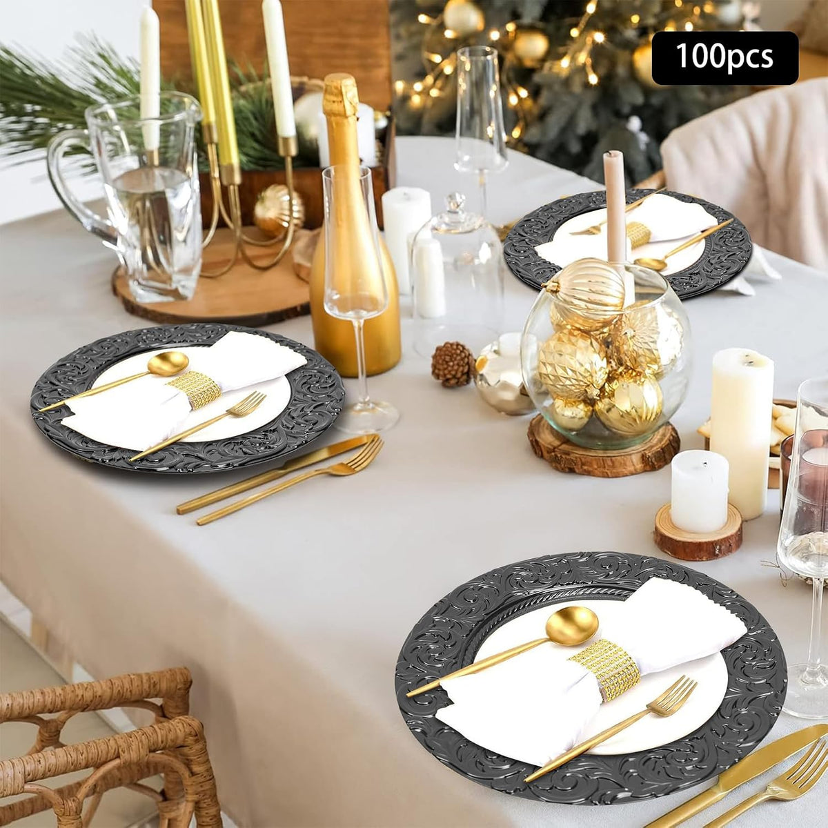 Black Charger Plates Bulk 100 Pack 13 Inch Charger Plates | Plastic Embossed Dinner Plates Reusable Round Plates for