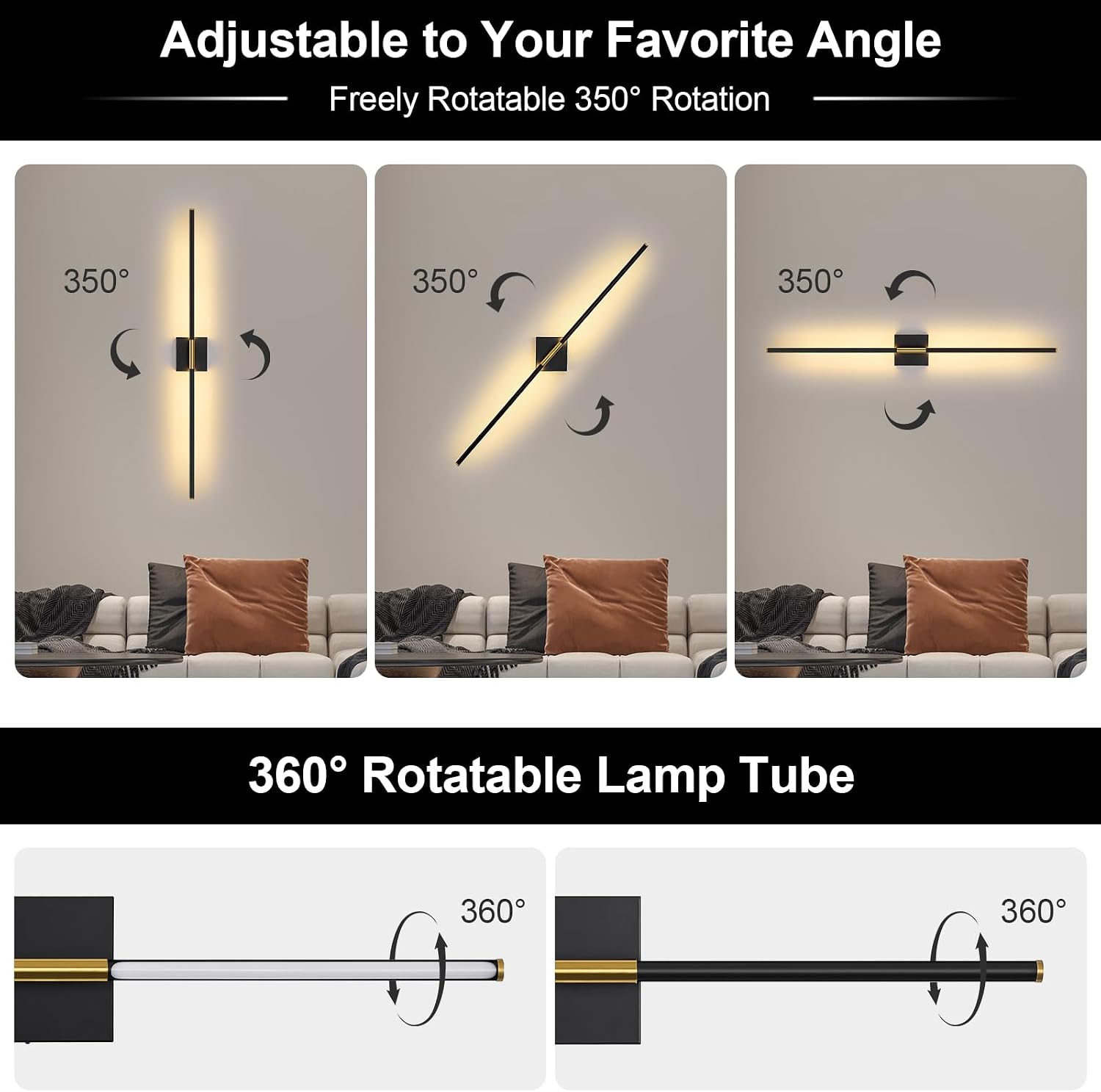 Battery Operated Wall Sconce Set of Two with Remote Control, 3000K-6000K Dimmable Black Gold Wall Lights, Timable LED