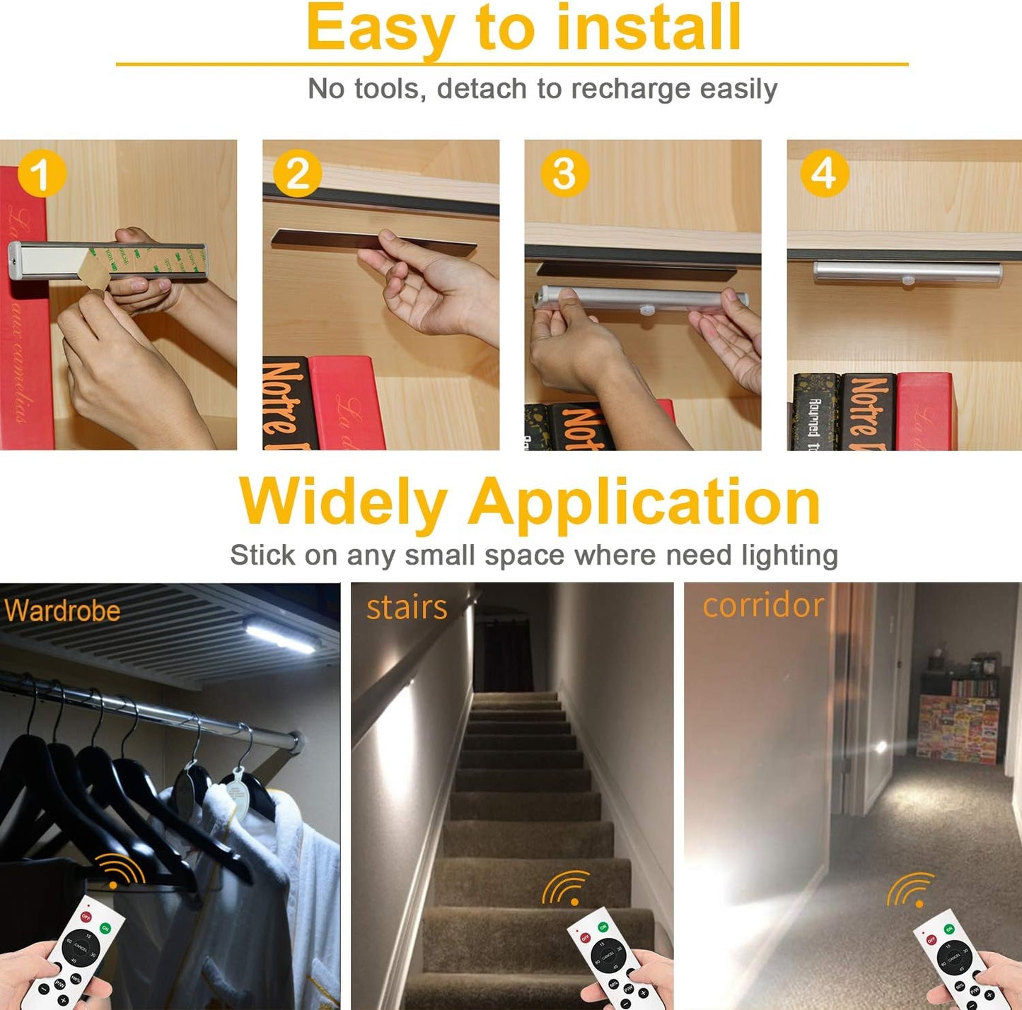 Remote Control Under Cabinet Lighting Wireless 6 Pack, 20-LED Dimmable Closet Lights Rechargeable Under Counter Light