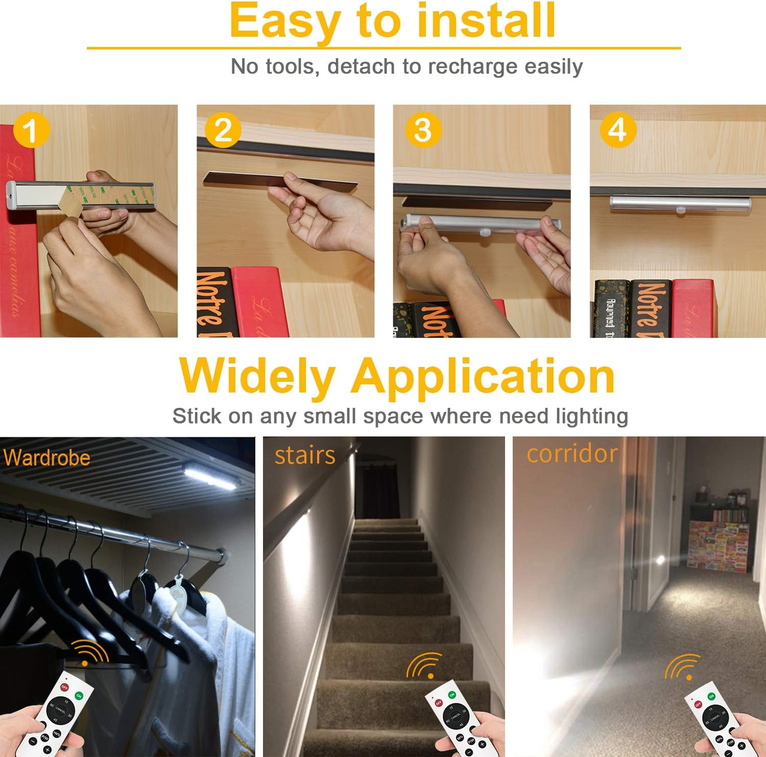 Remote Control Under Cabinet Lighting Wireless 6 Pack, 20-LED Dimmable Closet Lights Rechargeable Under Counter Light