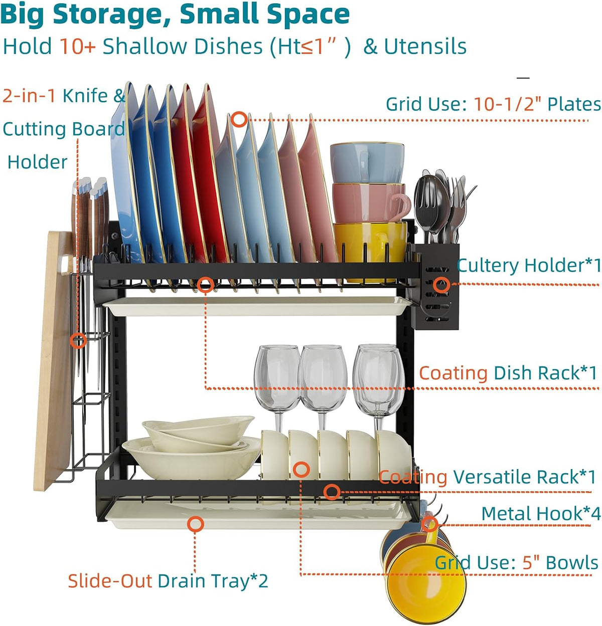 Hanging Wall Mounted Dish Drying Rack, Cutting Board Rack*1, Hook*4, Drain Tray*2, Apartment & RV Wall Mounted Dish