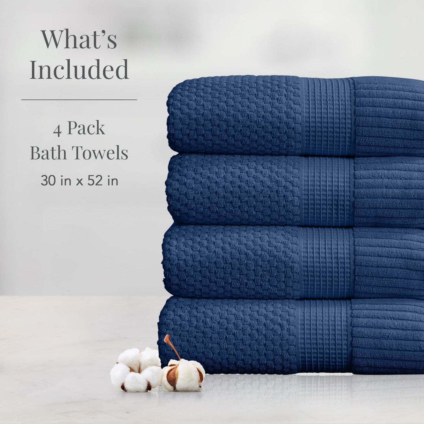 NY Loft 100% Cotton 4-Pack Bath Towel Set | Navy | Oeko-TEX | Quick-Dry | Four 30" x 52" Bath Towels | Super Absorbent