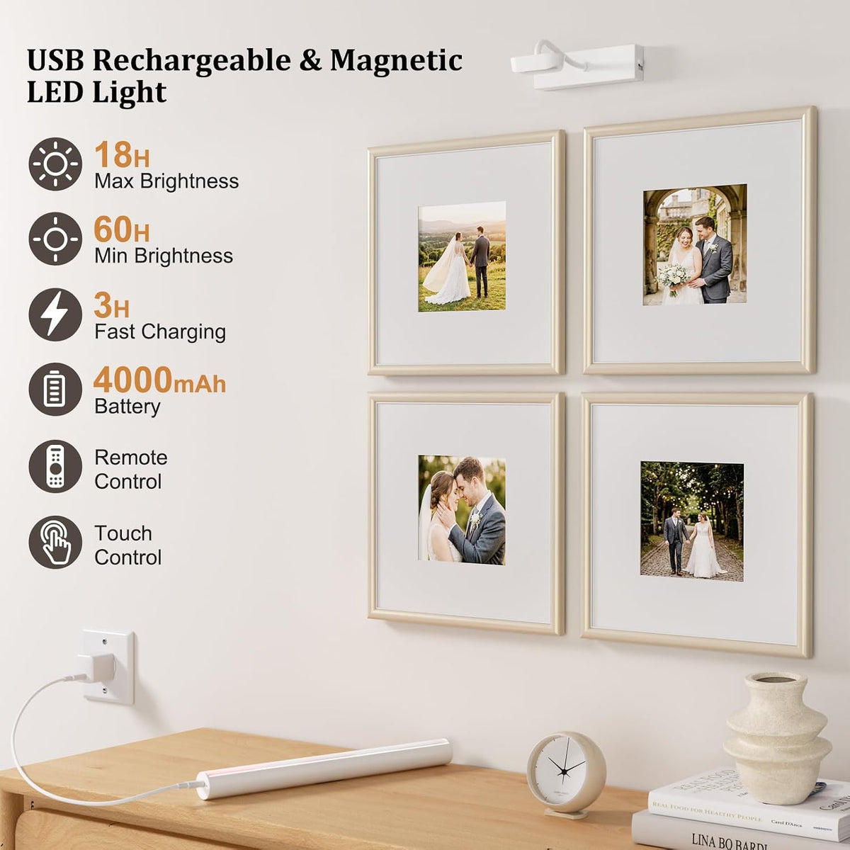 Picture Light for Wall, 4000mAh, White, 13.8 Inch, 2 Pack | Cordless Rechargeable, LED Art Light with Remote, Dimmable
