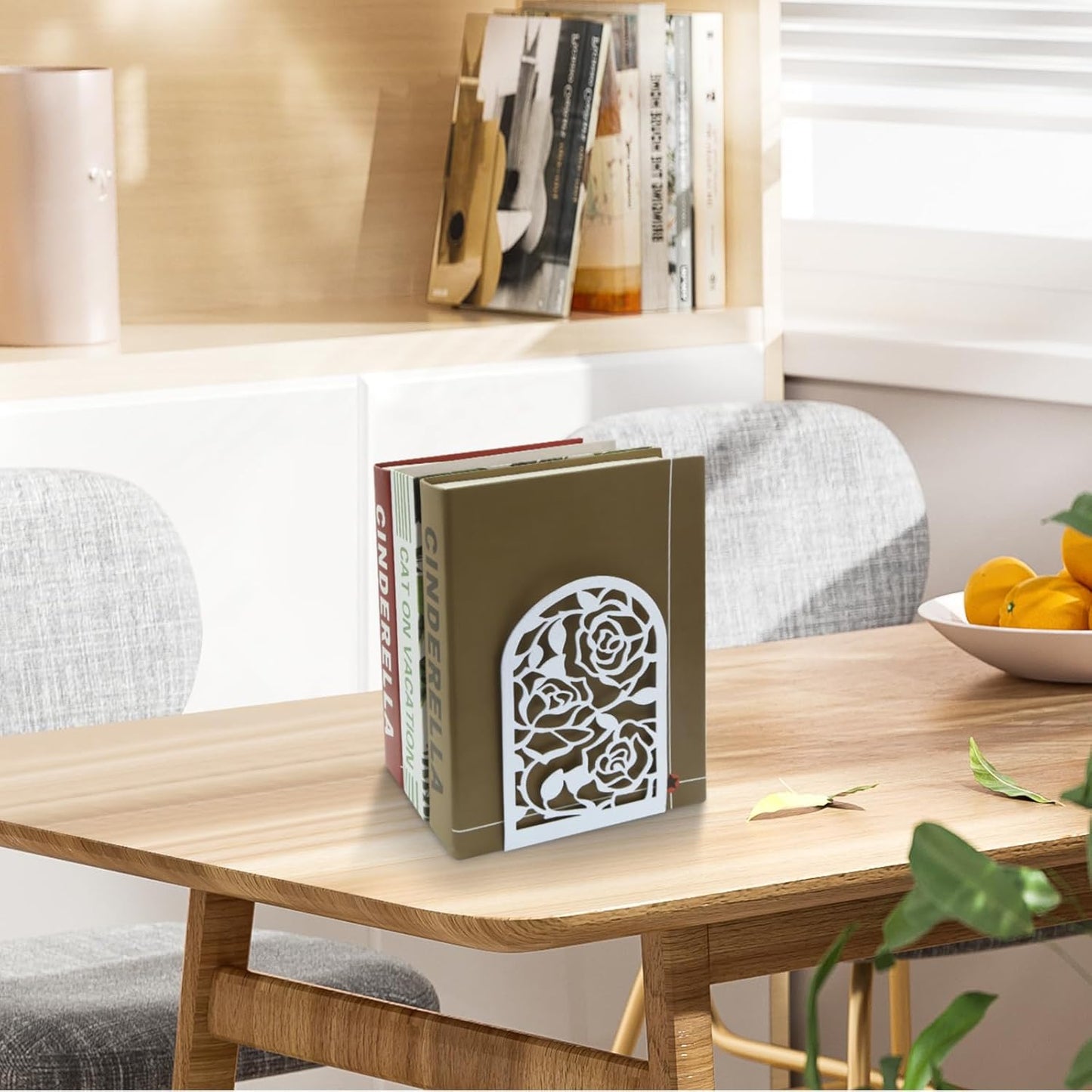 Elegant Rose Bookends Hollow-Out Rose Flower Book Ends Shelves Organizer Metal Book Stands / White