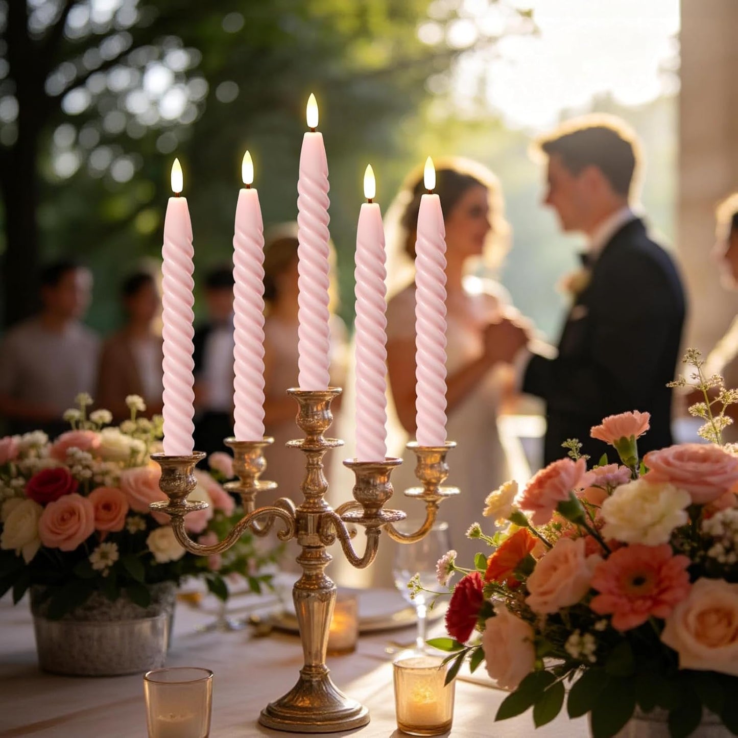 Pink Flameless Taper Candles Flickering with Remote Timer | LED Spiral Taper Candles, Flameless Candlesticks, Battery
