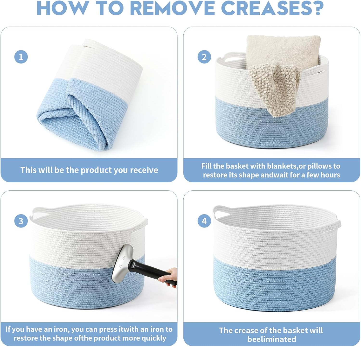 Collapsible Handle Cotton Rope Soft Woven Fabric Storage Organizer Clothes Toys / White & Blue / 65L