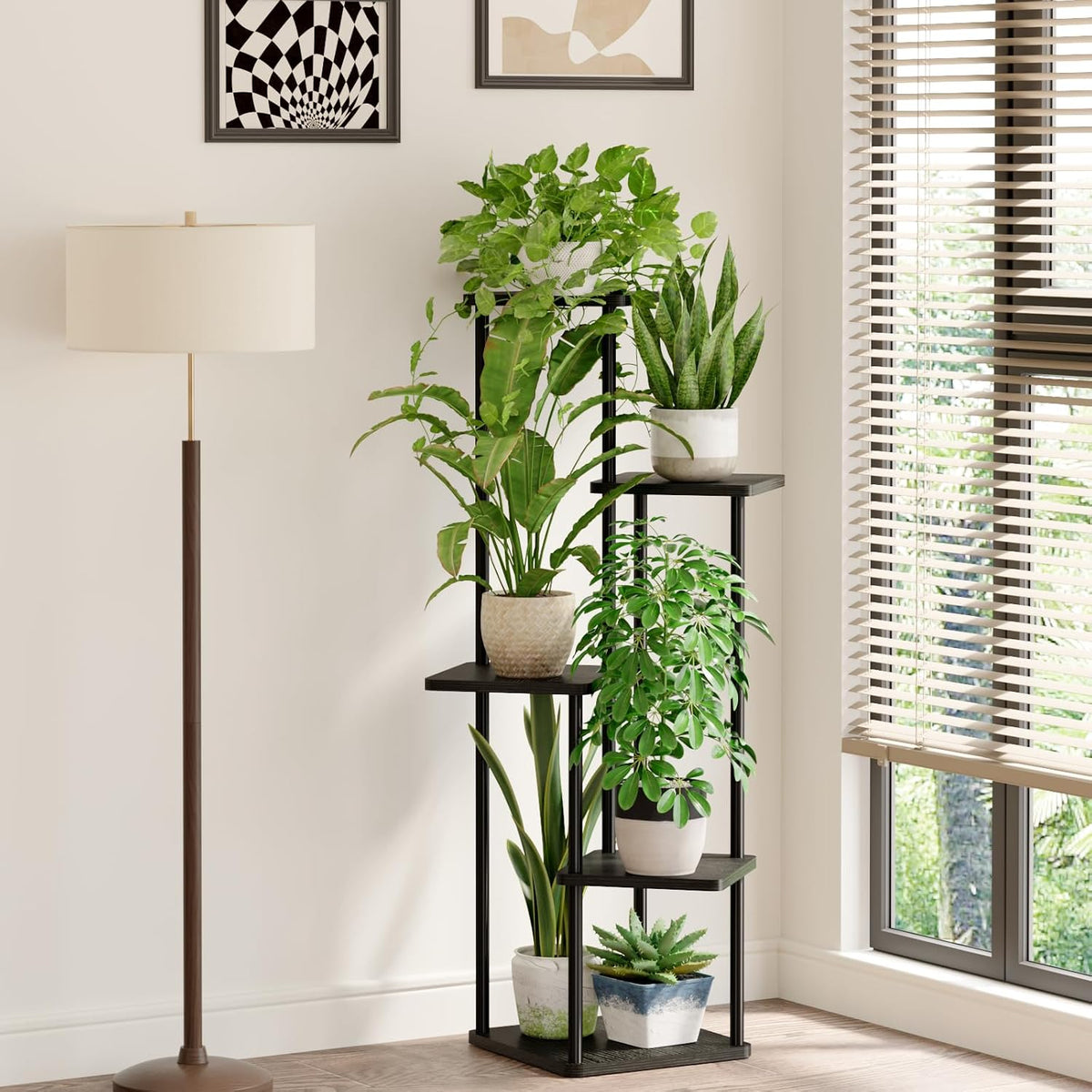 Bamworld Black Plant Stand Indoor Corner Plant Shelf for Multiple Plants | 5 Tier Tall Flower Stand Dark Brown Plant