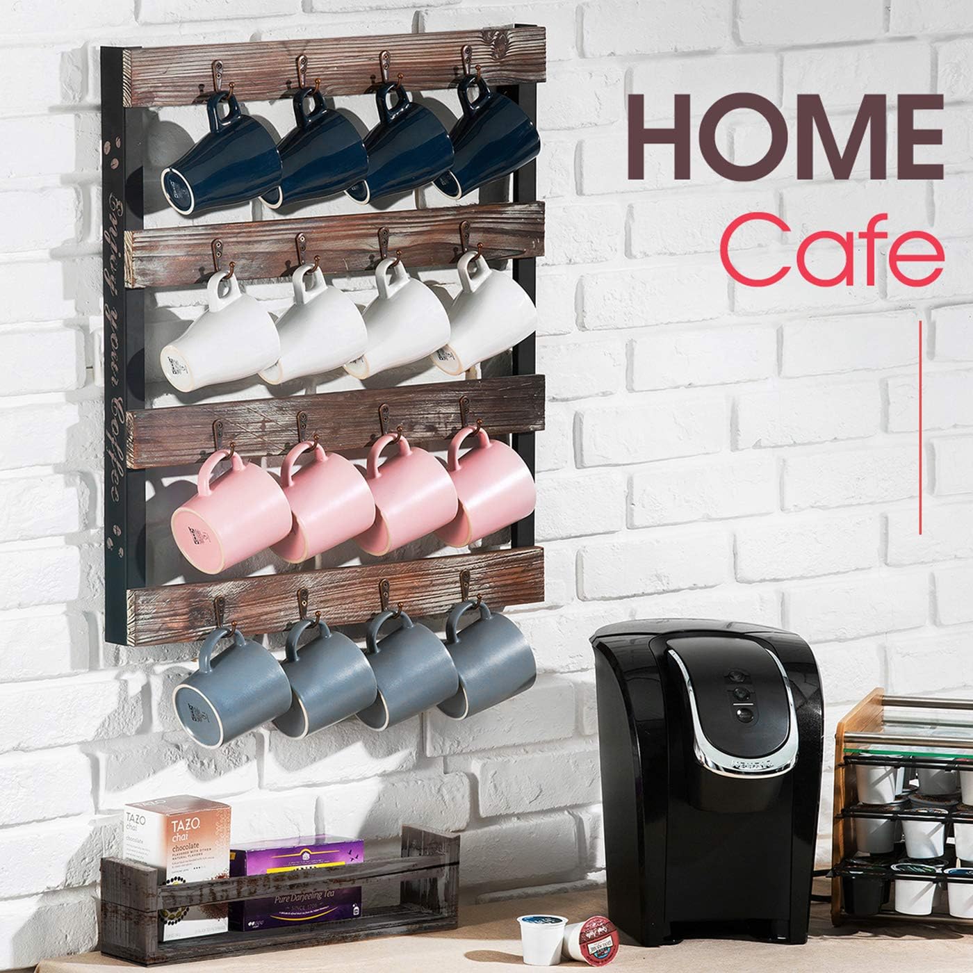 J JACKCUBE DESIGN Coffee Mug Holder Wall Mounted Rustic Wood Cup Organizer with 16-Hooks Hanging Rack for Home, Kitchen
