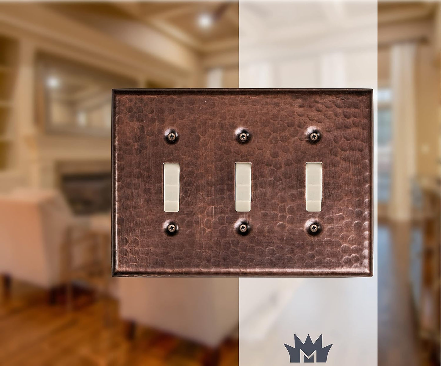 Monarch Abode Toggle Light Switch Cover Plate – 3-Gang Pure Copper Outlet Covers, Hand Hammered Decorative Outlet Cover