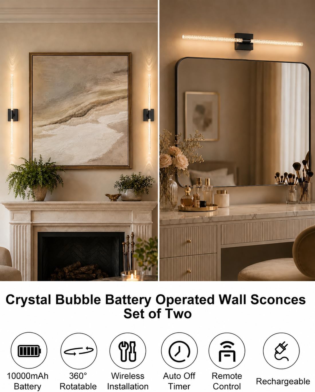 Crystal Bubble Rechargeable Wall Sconces Set of 2, Wireless Modern Lights | 10000mAh, Remote Control, 3000K-6000K