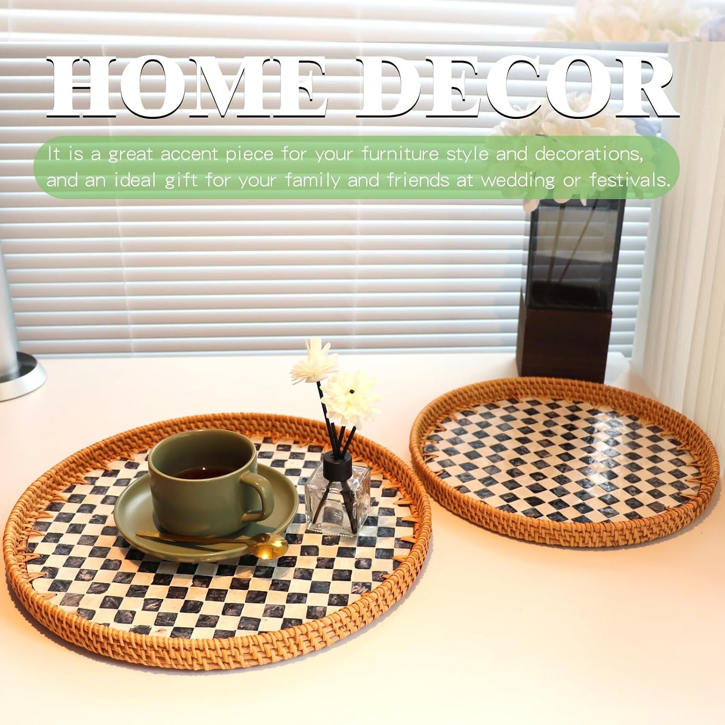 Round Rattan Mother of Pearl Inlay Serving Tray / Checkerboard / 11.8 Inch / Set of 2
