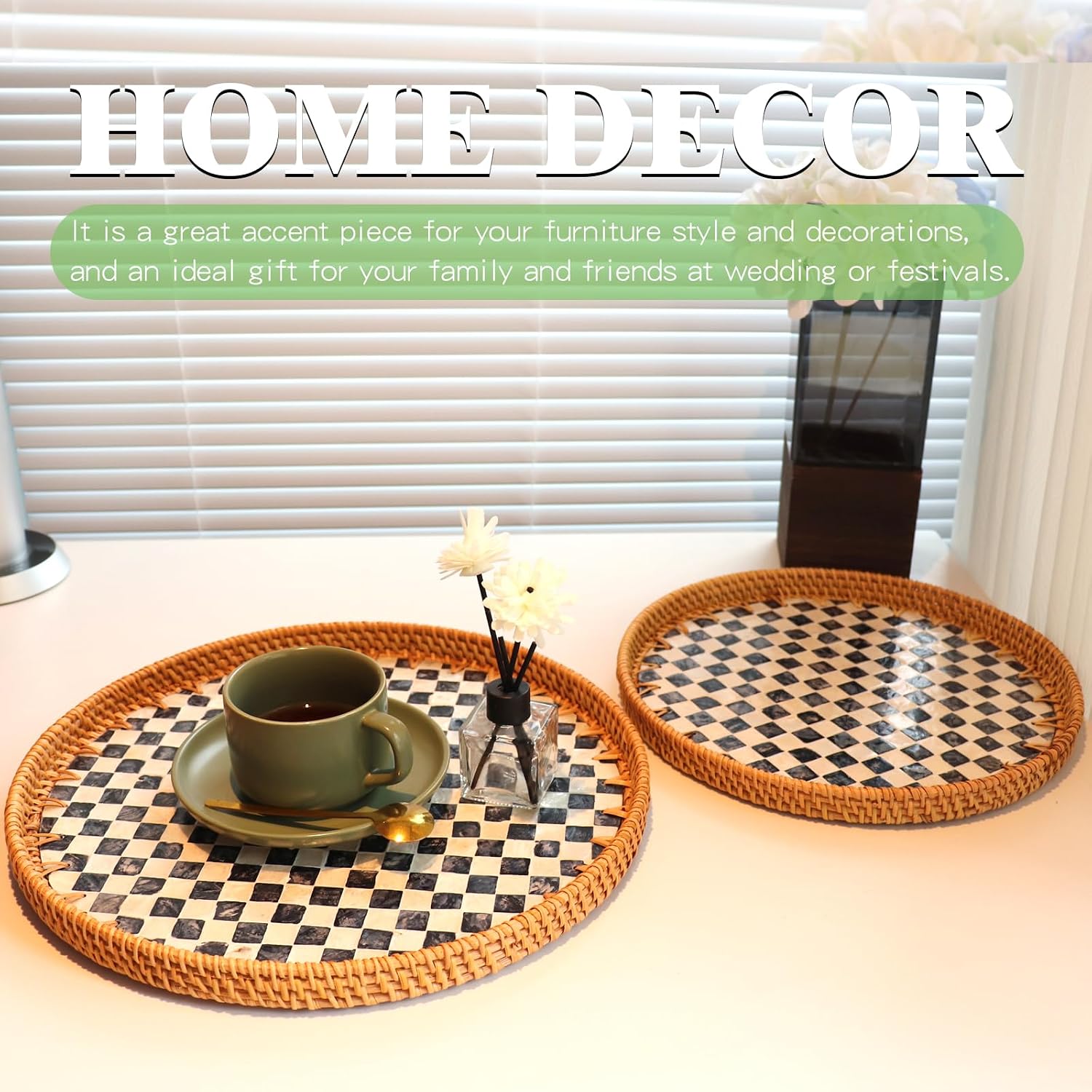 Round Rattan Mother of Pearl Inlay Serving Tray / Checkerboard / 11.8 Inch / Set of 2