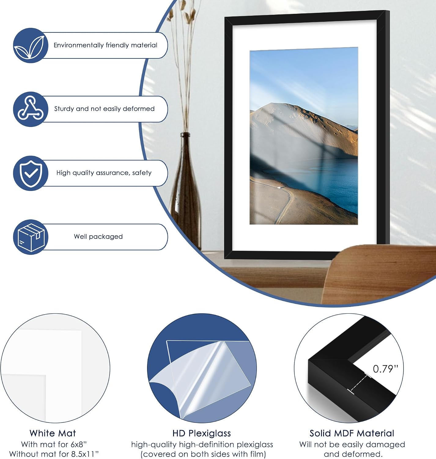 11x15 Picture Frame Set of 6, Wall Mount Display, Black | Display Pictures 8x12 with Mat or 11x15 without