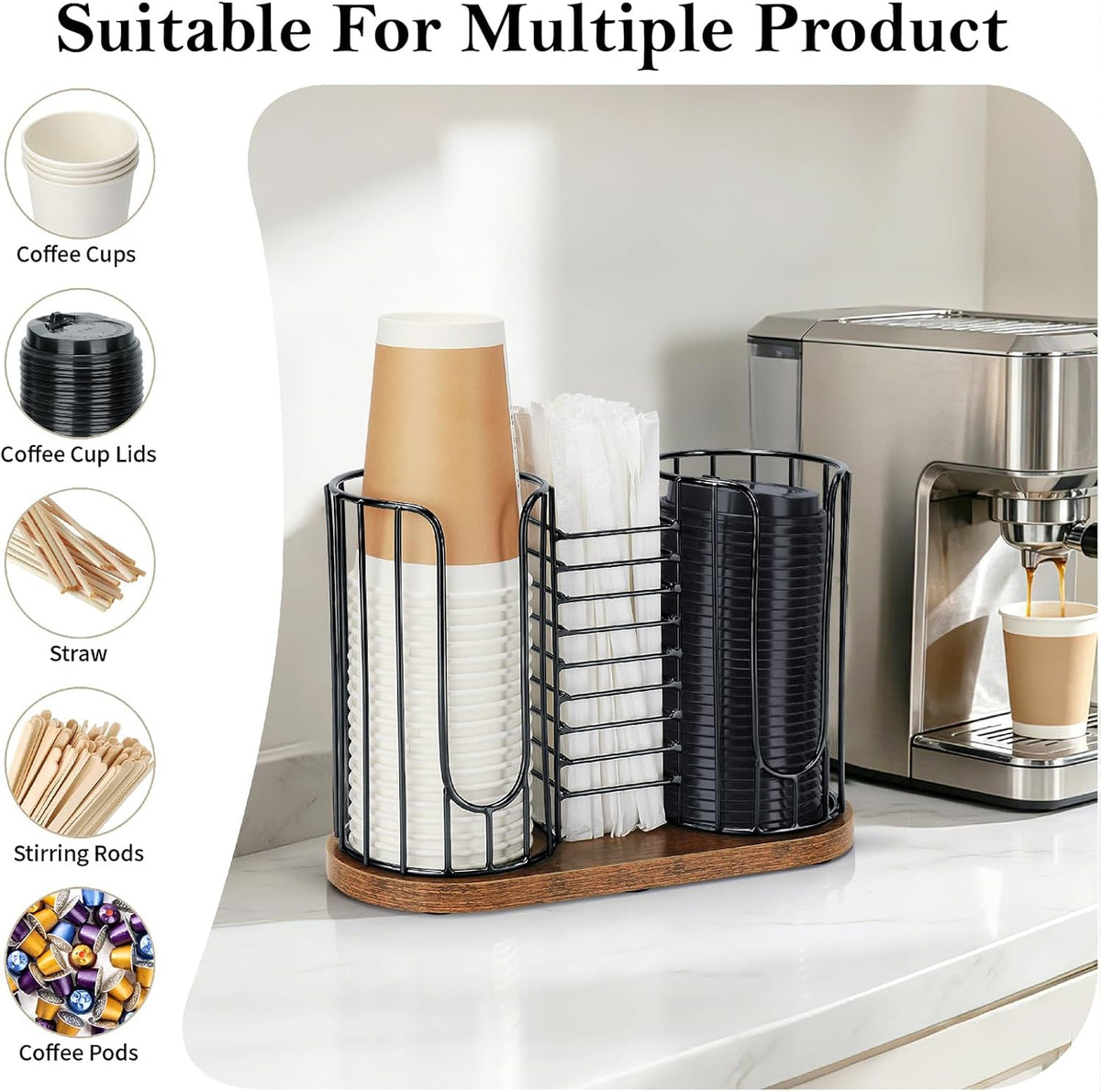 Coffee Cup Holder, 3-in-1 Disposable Cup, Straw & Lid Organizer | Paper Cup Dispenser Rack with Wooden Base, Dispenser