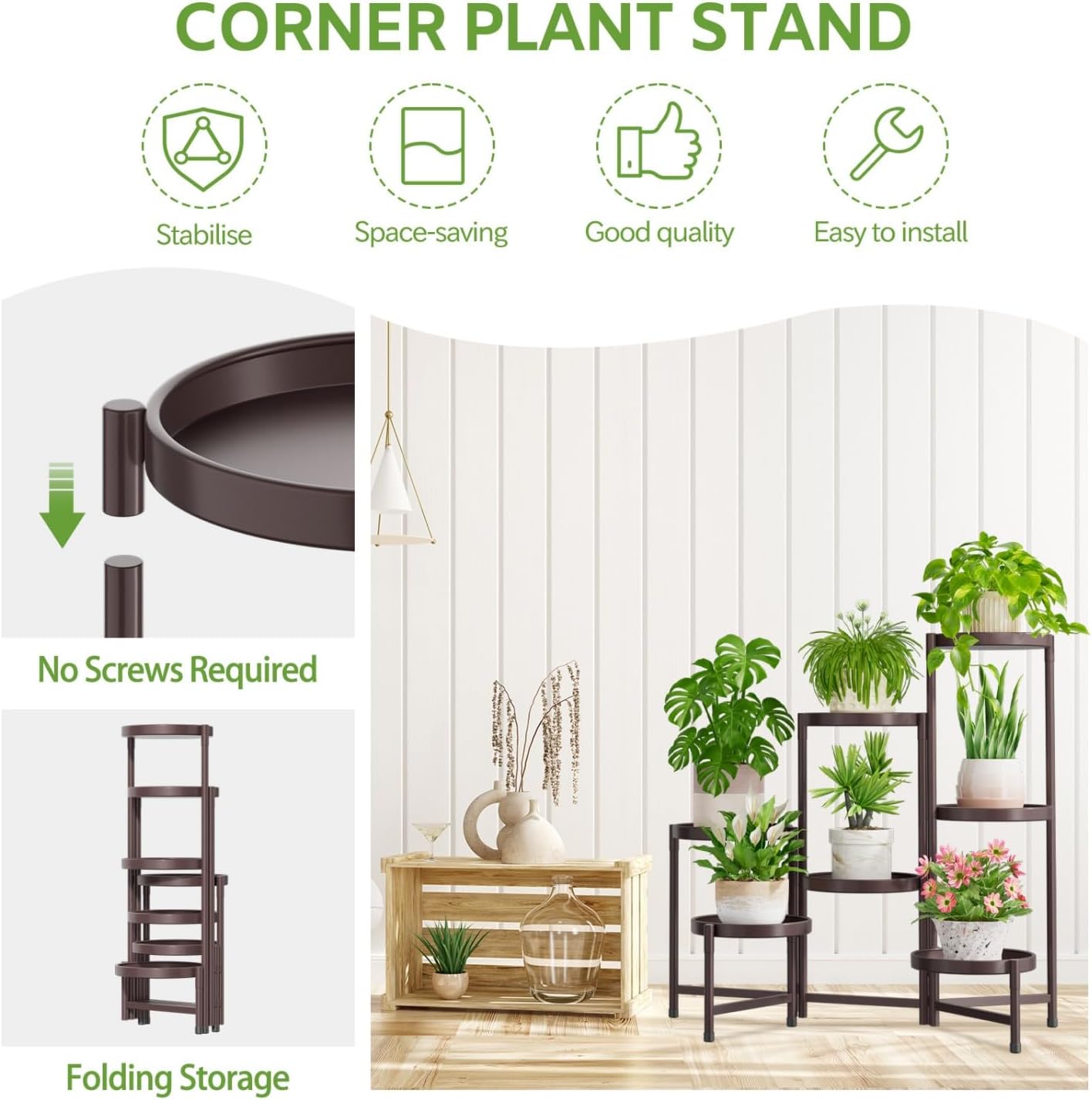iDavosic.ly 7 Tier Large Plant Stand Indoor Outdoor, 10 Inch Tray, Bronze | Tiered Metal Corner Heavy Duty Multiple